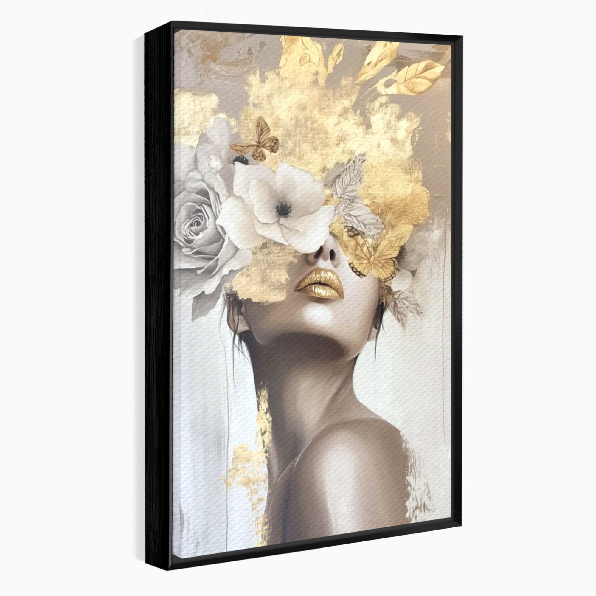 Tablou Canvas Premium LuxCanva® PI1341, Misterul Florilor Aurii, Portret, Femeie, Fotomodel, Gold, Culori Vibrante, Living, Dormitor