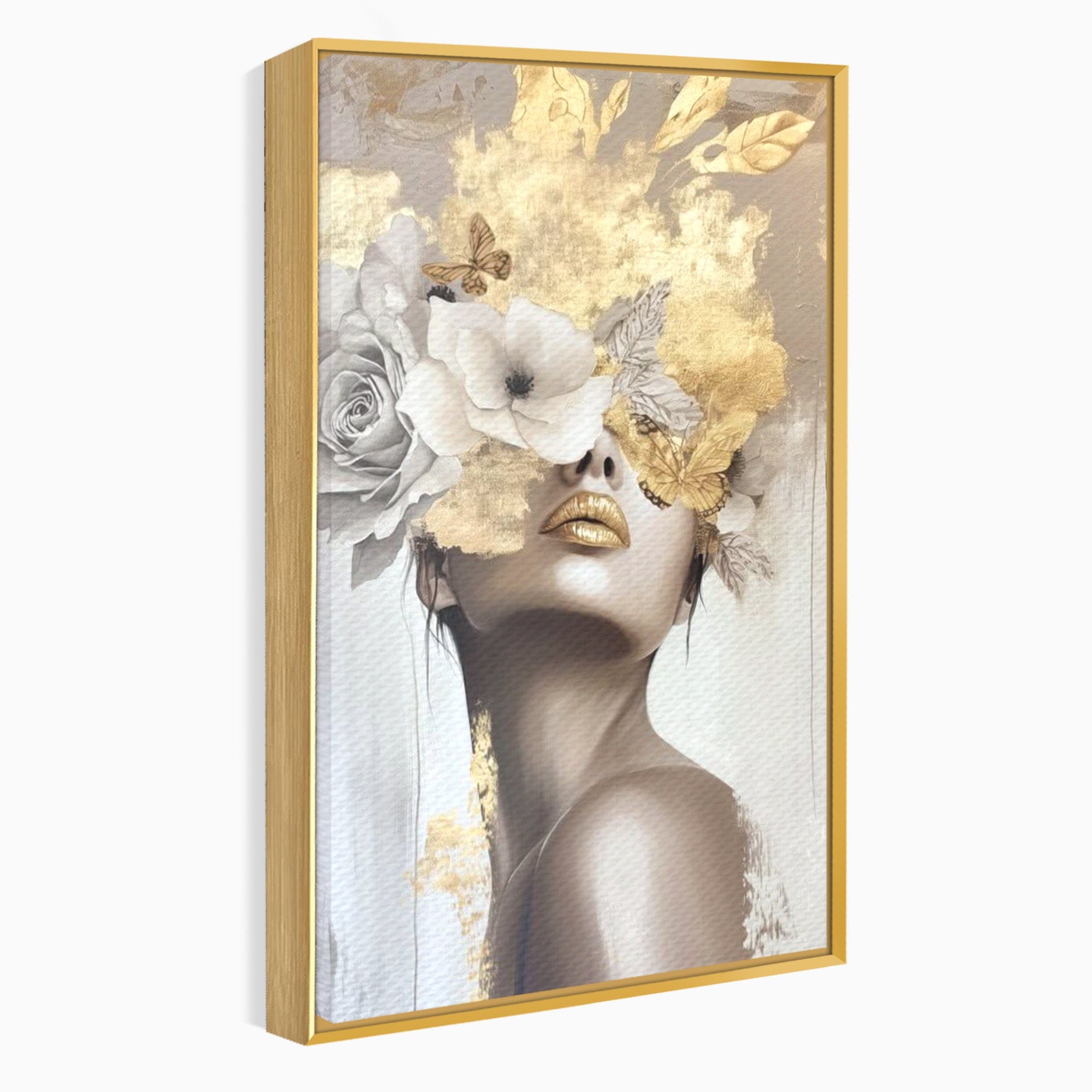 Tablou Canvas Premium LuxCanva® PI1341, Misterul Florilor Aurii, Portret, Femeie, Fotomodel, Gold, Culori Vibrante, Living, Dormitor