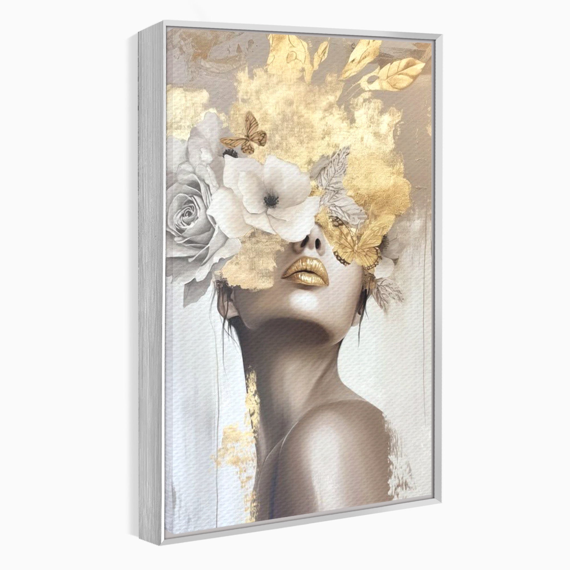Tablou Canvas Premium LuxCanva® PI1341, Misterul Florilor Aurii, Portret, Femeie, Fotomodel, Gold, Culori Vibrante, Living, Dormitor