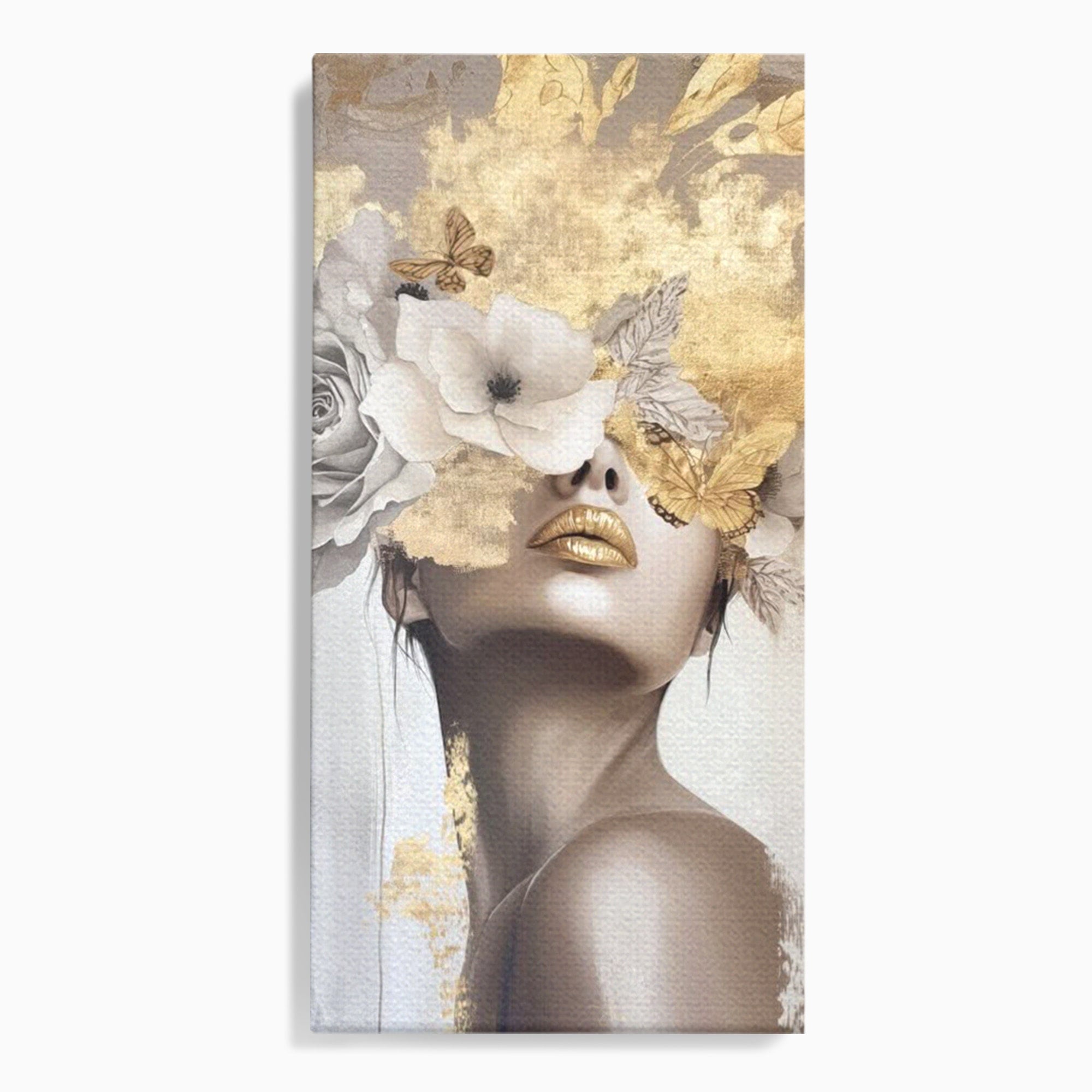 Tablou Canvas Premium LuxCanva® PI1341, Misterul Florilor Aurii, Portret, Femeie, Fotomodel, Gold, Culori Vibrante, Living, Dormitor