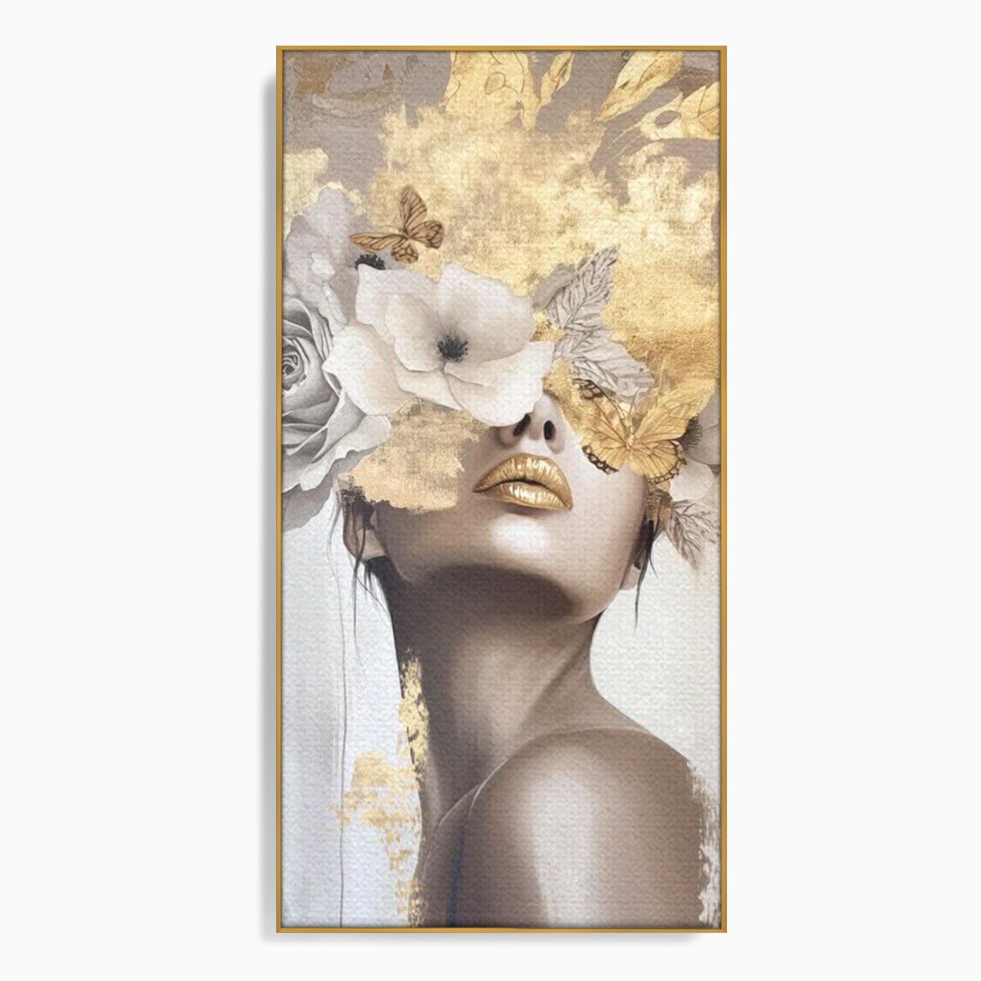Tablou Canvas Premium LuxCanva® PI1341, Misterul Florilor Aurii, Portret, Femeie, Fotomodel, Gold, Culori Vibrante, Living, Dormitor