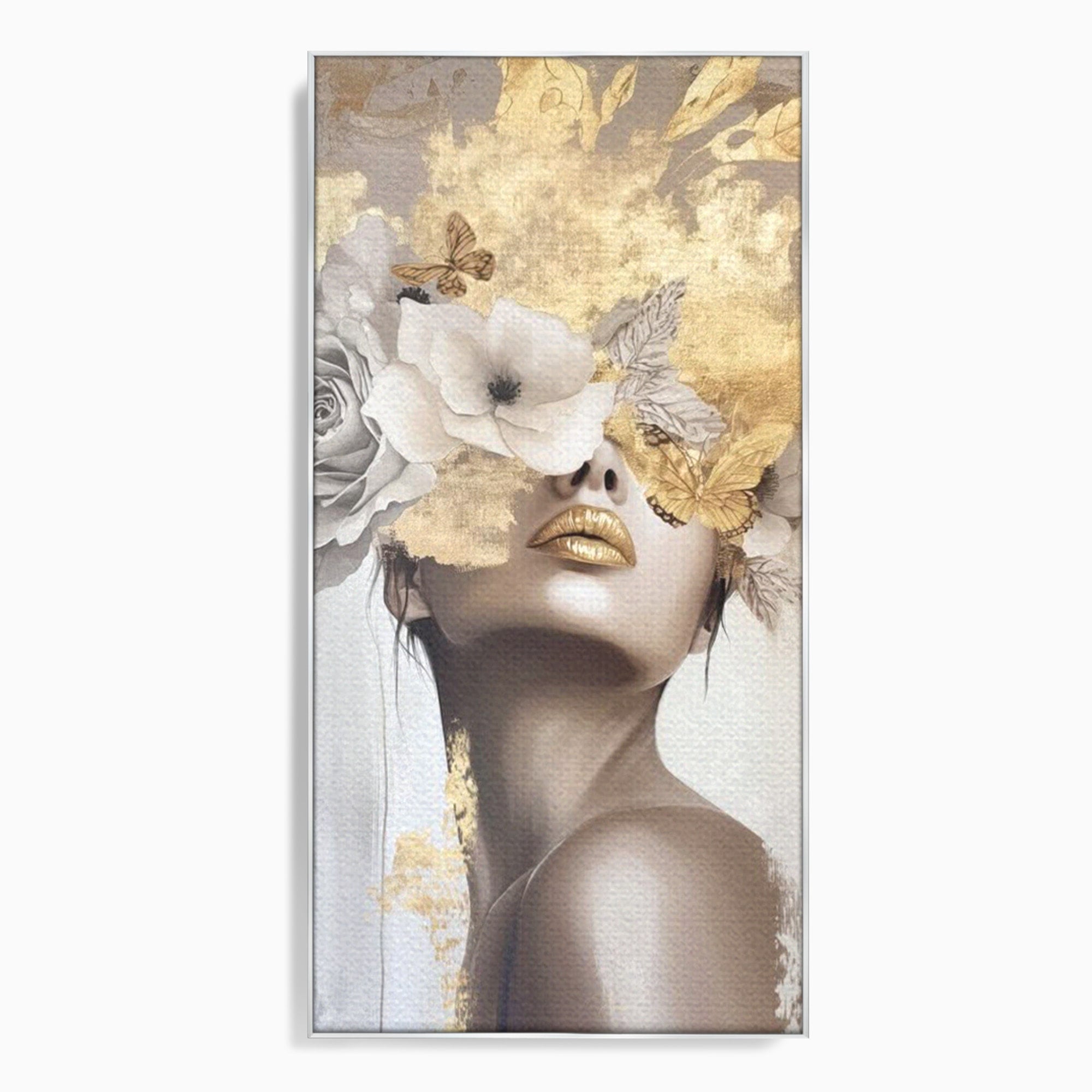 Tablou Canvas Premium LuxCanva® PI1341, Misterul Florilor Aurii, Portret, Femeie, Fotomodel, Gold, Culori Vibrante, Living, Dormitor