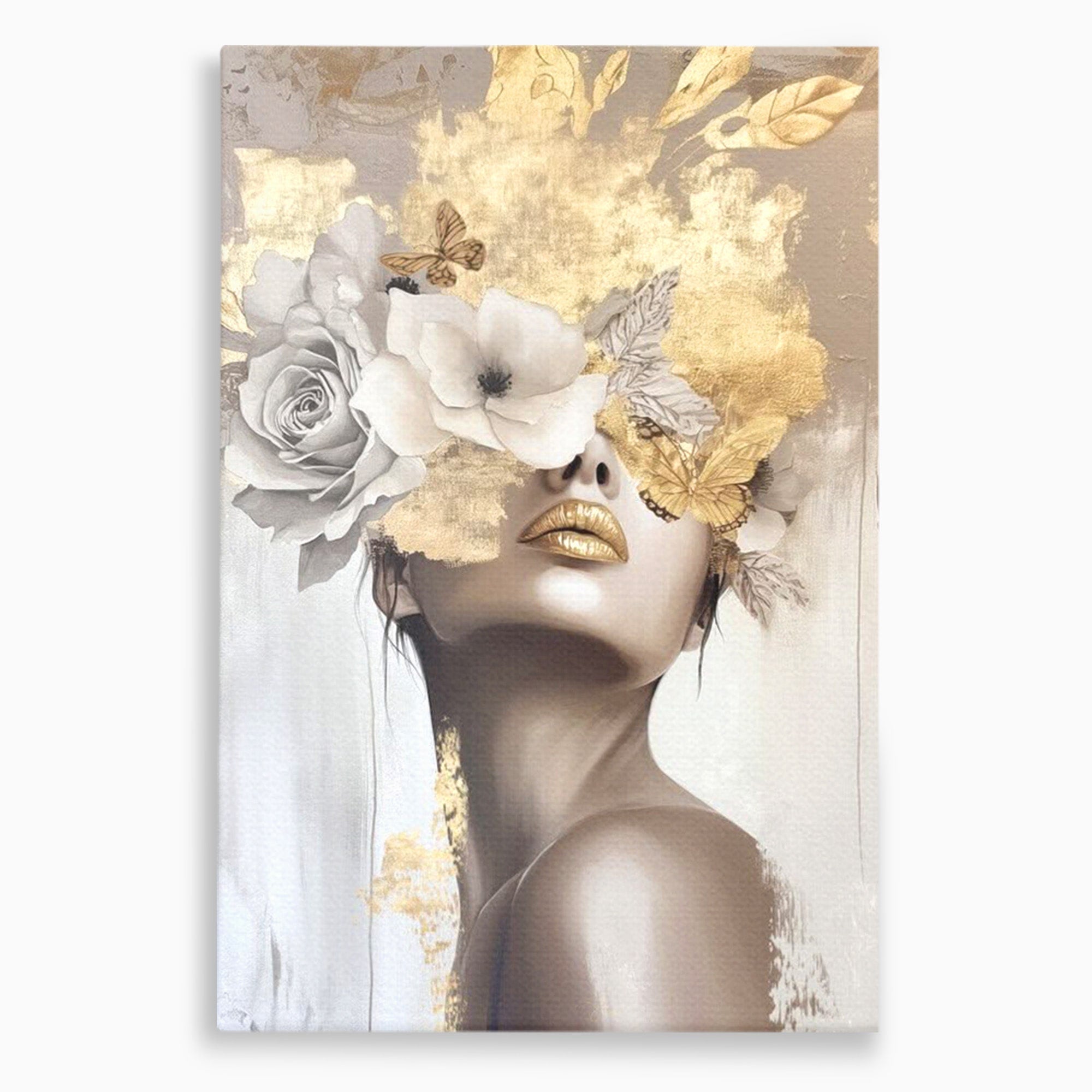 Tablou Canvas Premium LuxCanva® PI1341, Misterul Florilor Aurii, Portret, Femeie, Fotomodel, Gold, Culori Vibrante, Living, Dormitor