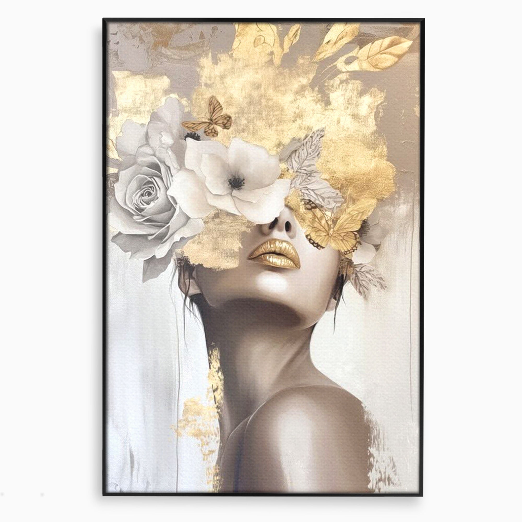 Tablou Canvas Premium LuxCanva® PI1341, Misterul Florilor Aurii, Portret, Femeie, Fotomodel, Gold, Culori Vibrante, Living, Dormitor