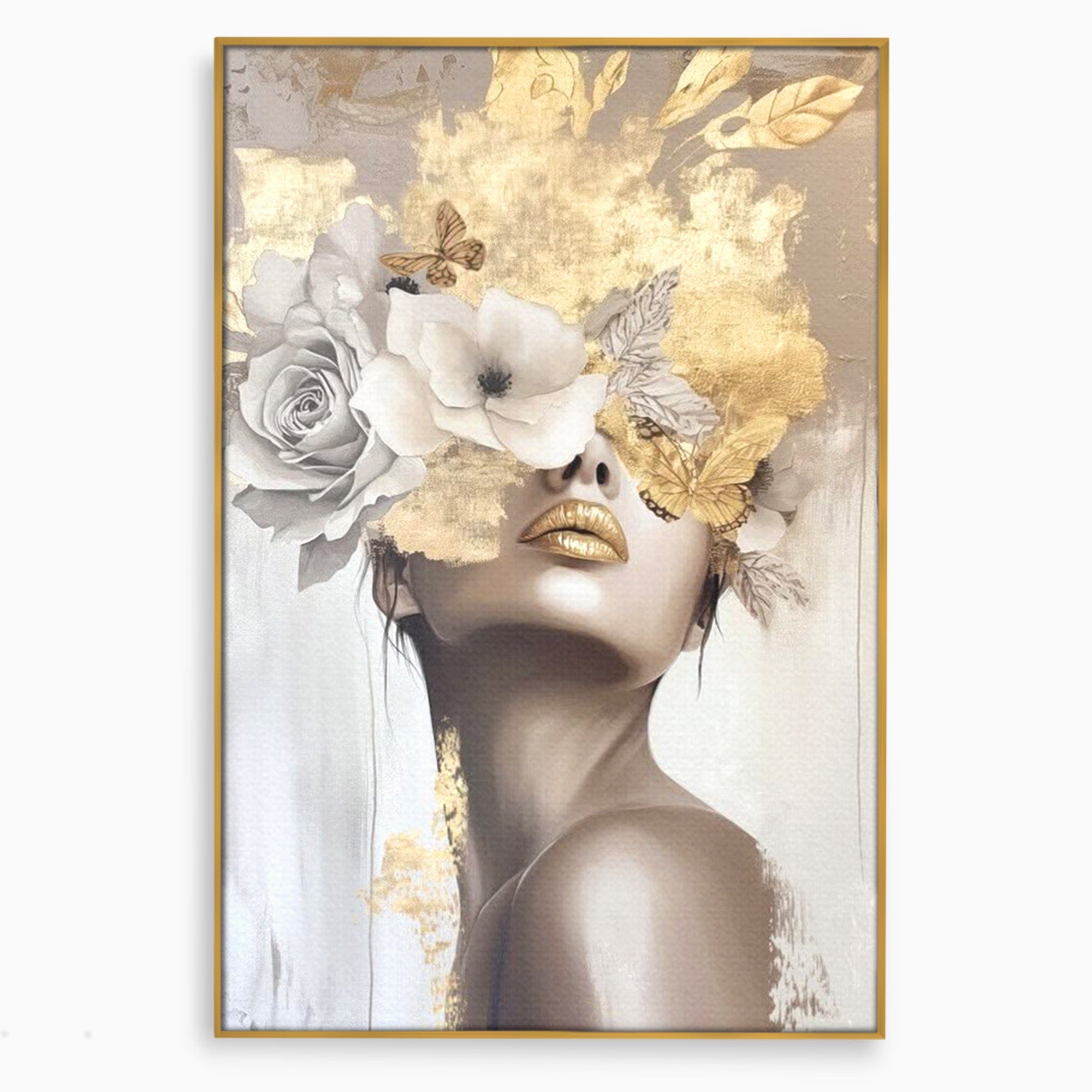 Tablou Canvas Premium LuxCanva® PI1341, Misterul Florilor Aurii, Portret, Femeie, Fotomodel, Gold, Culori Vibrante, Living, Dormitor