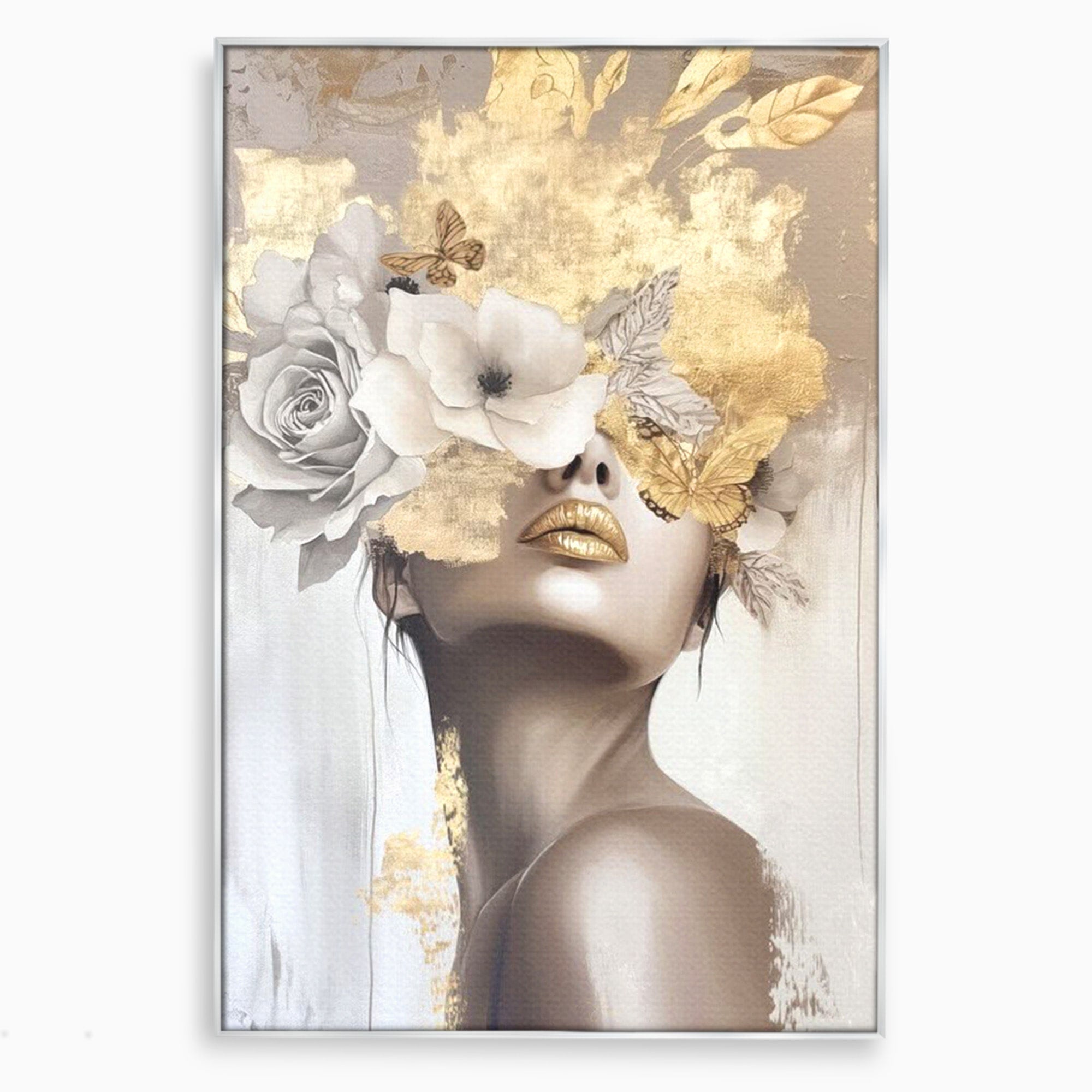 Tablou Canvas Premium LuxCanva® PI1341, Misterul Florilor Aurii, Portret, Femeie, Fotomodel, Gold, Culori Vibrante, Living, Dormitor