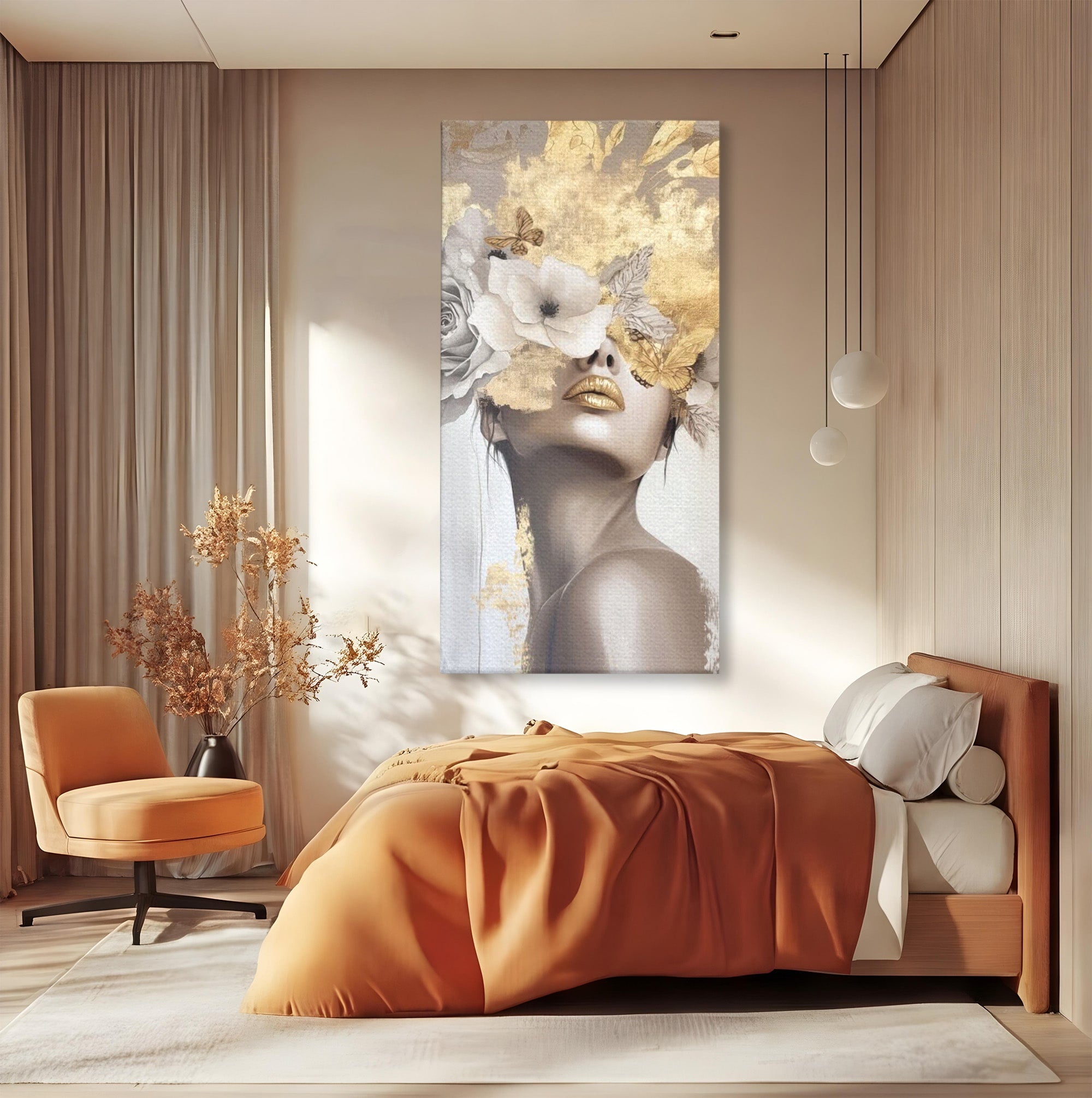 Tablou Canvas Premium LuxCanva® PI1341, Misterul Florilor Aurii, Portret, Femeie, Fotomodel, Gold, Culori Vibrante, Living, Dormitor