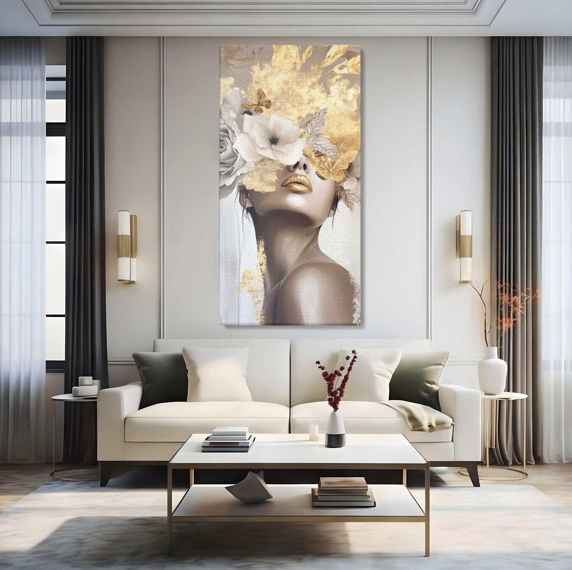 Tablou Canvas Premium LuxCanva® PI1341, Misterul Florilor Aurii, Portret, Femeie, Fotomodel, Gold, Culori Vibrante, Living, Dormitor