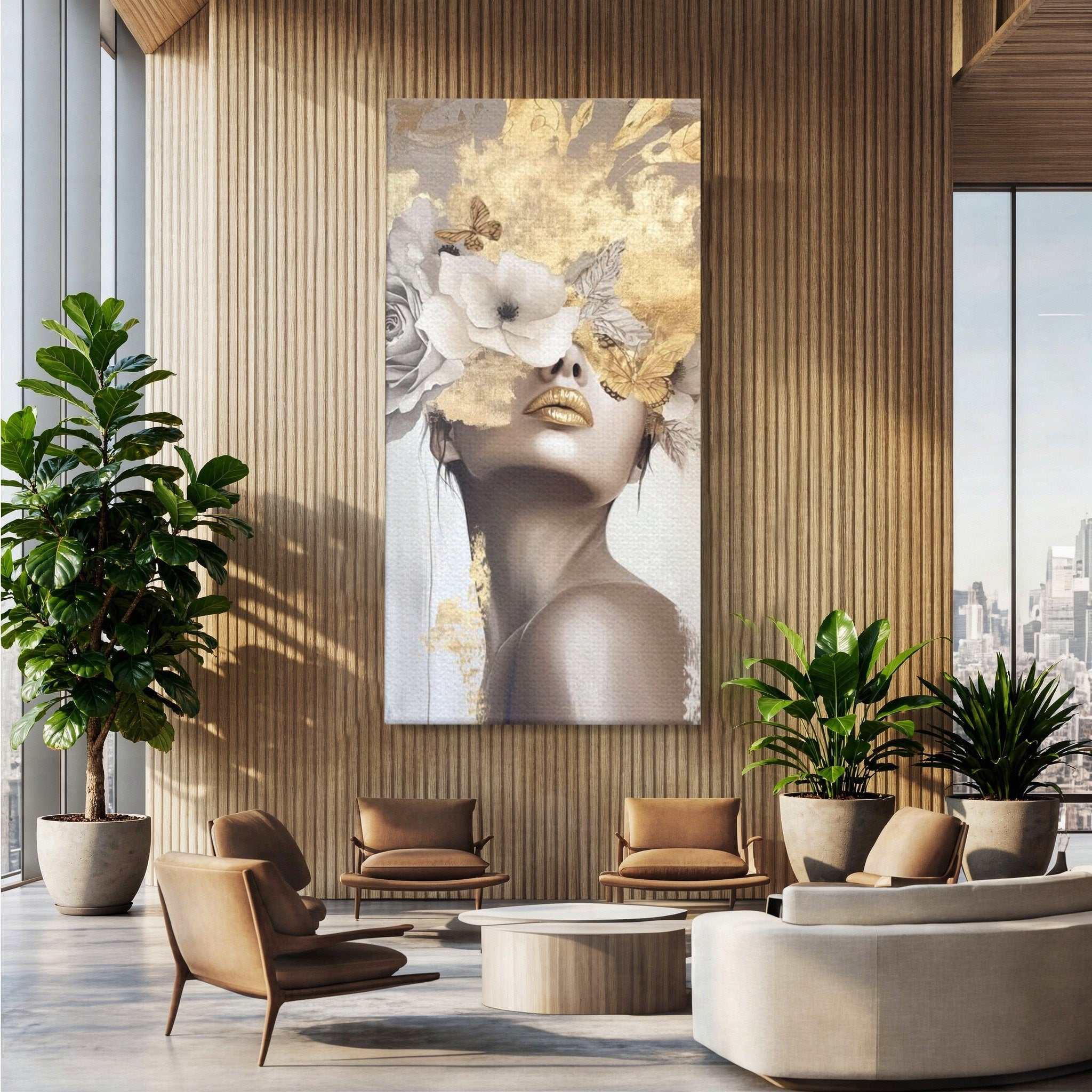 Tablou Canvas Premium LuxCanva® PI1341, Misterul Florilor Aurii, Portret, Femeie, Fotomodel, Gold, Culori Vibrante, Living, Dormitor