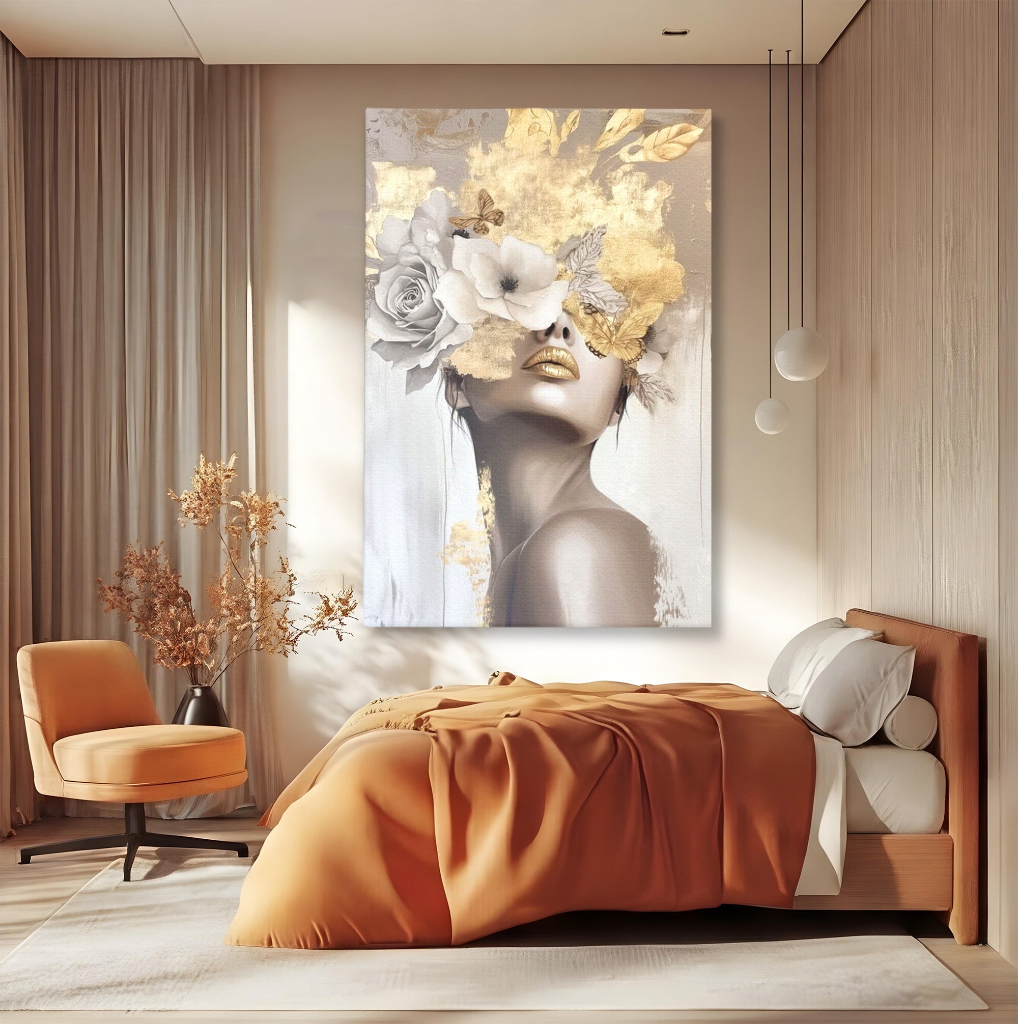 Tablou Canvas Premium LuxCanva® PI1341, Misterul Florilor Aurii, Portret, Femeie, Fotomodel, Gold, Culori Vibrante, Living, Dormitor