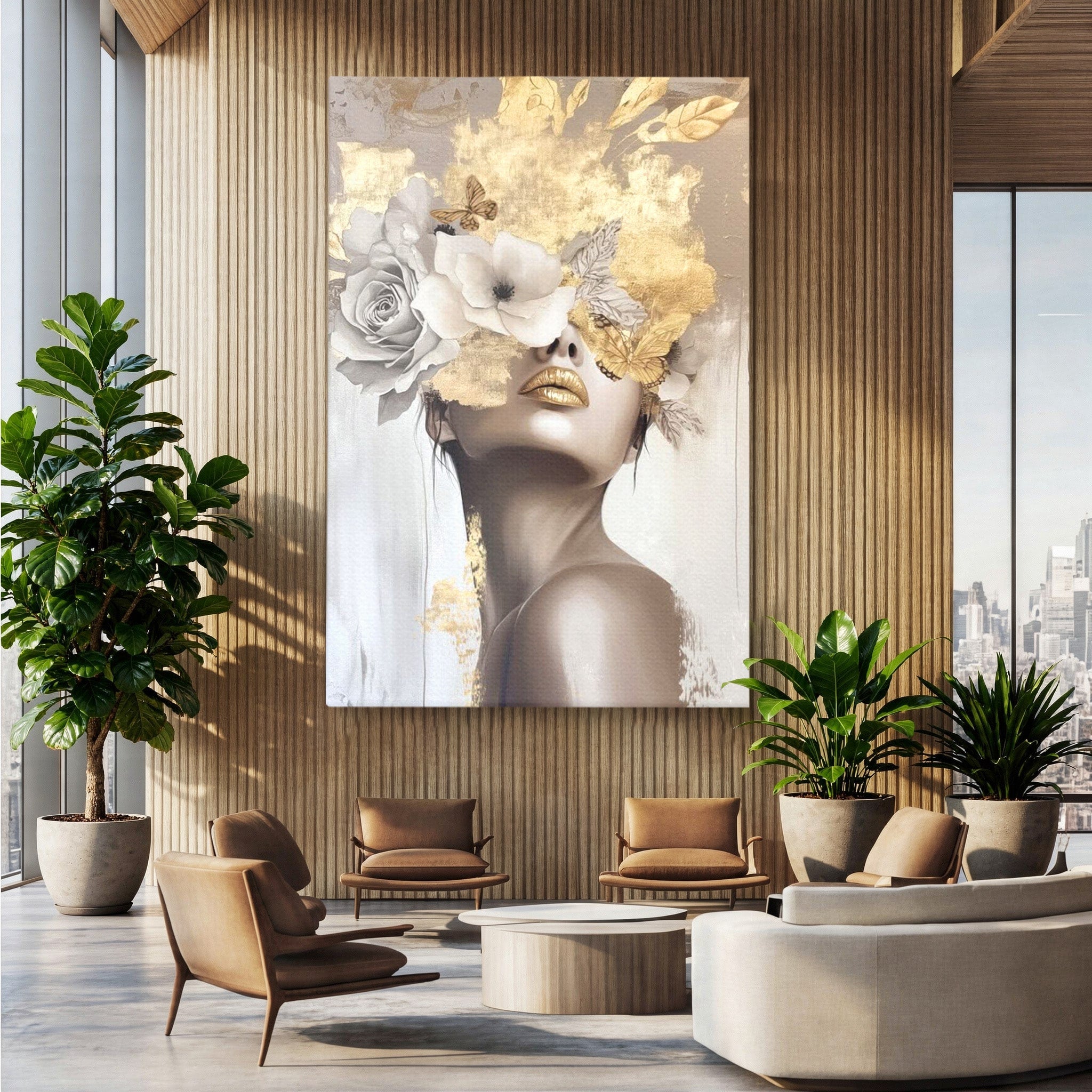 Tablou Canvas Premium LuxCanva® PI1341, Misterul Florilor Aurii, Portret, Femeie, Fotomodel, Gold, Culori Vibrante, Living, Dormitor