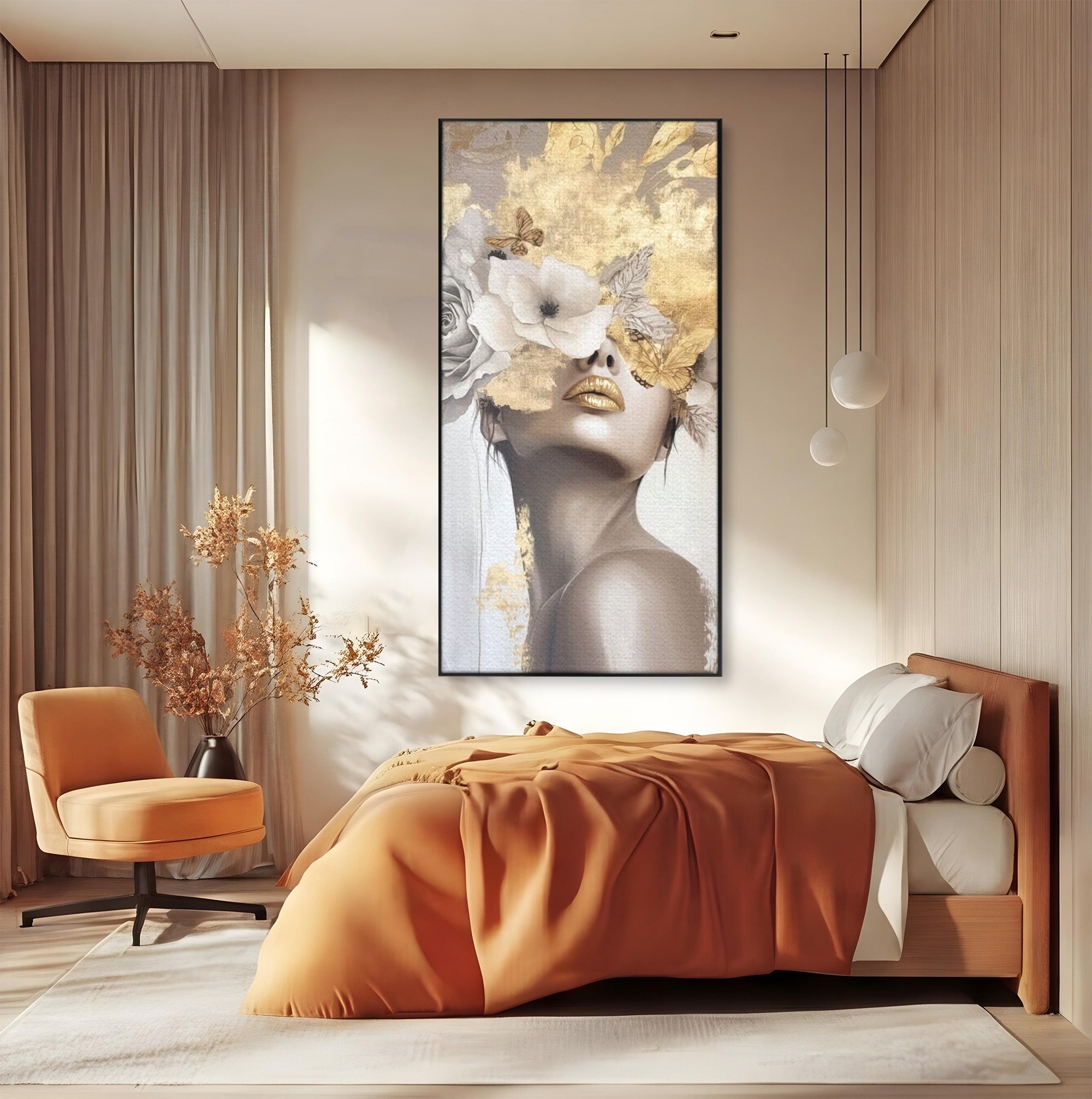 Tablou Canvas Premium LuxCanva® PI1341, Misterul Florilor Aurii, Portret, Femeie, Fotomodel, Gold, Culori Vibrante, Living, Dormitor