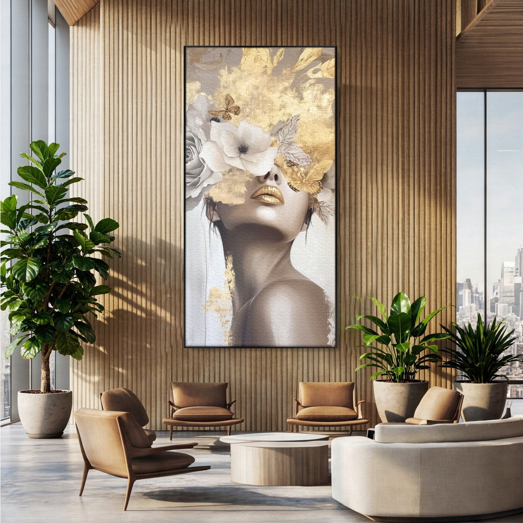 Tablou Canvas Premium LuxCanva® PI1341, Misterul Florilor Aurii, Portret, Femeie, Fotomodel, Gold, Culori Vibrante, Living, Dormitor