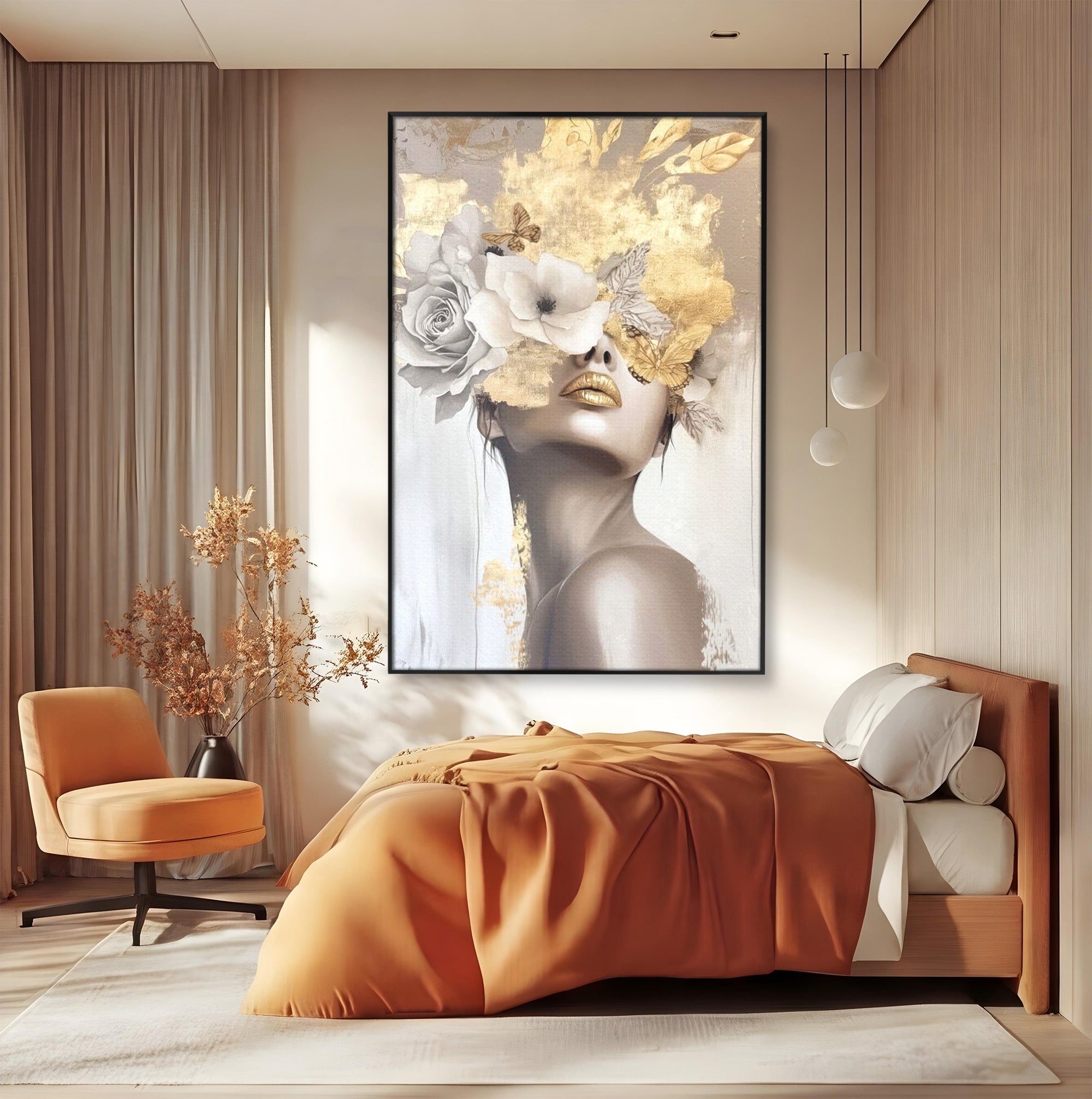 Tablou Canvas Premium LuxCanva® PI1341, Misterul Florilor Aurii, Portret, Femeie, Fotomodel, Gold, Culori Vibrante, Living, Dormitor