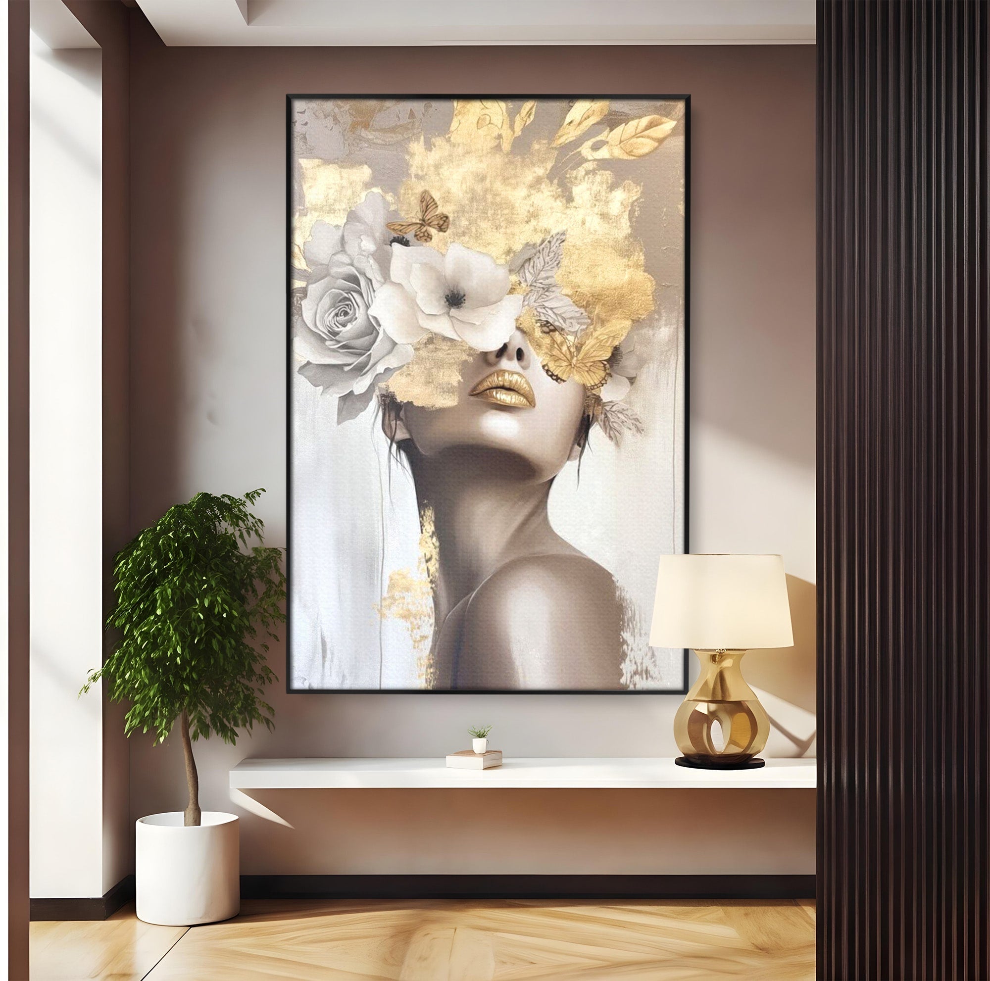 Tablou Canvas Premium LuxCanva® PI1341, Misterul Florilor Aurii, Portret, Femeie, Fotomodel, Gold, Culori Vibrante, Living, Dormitor