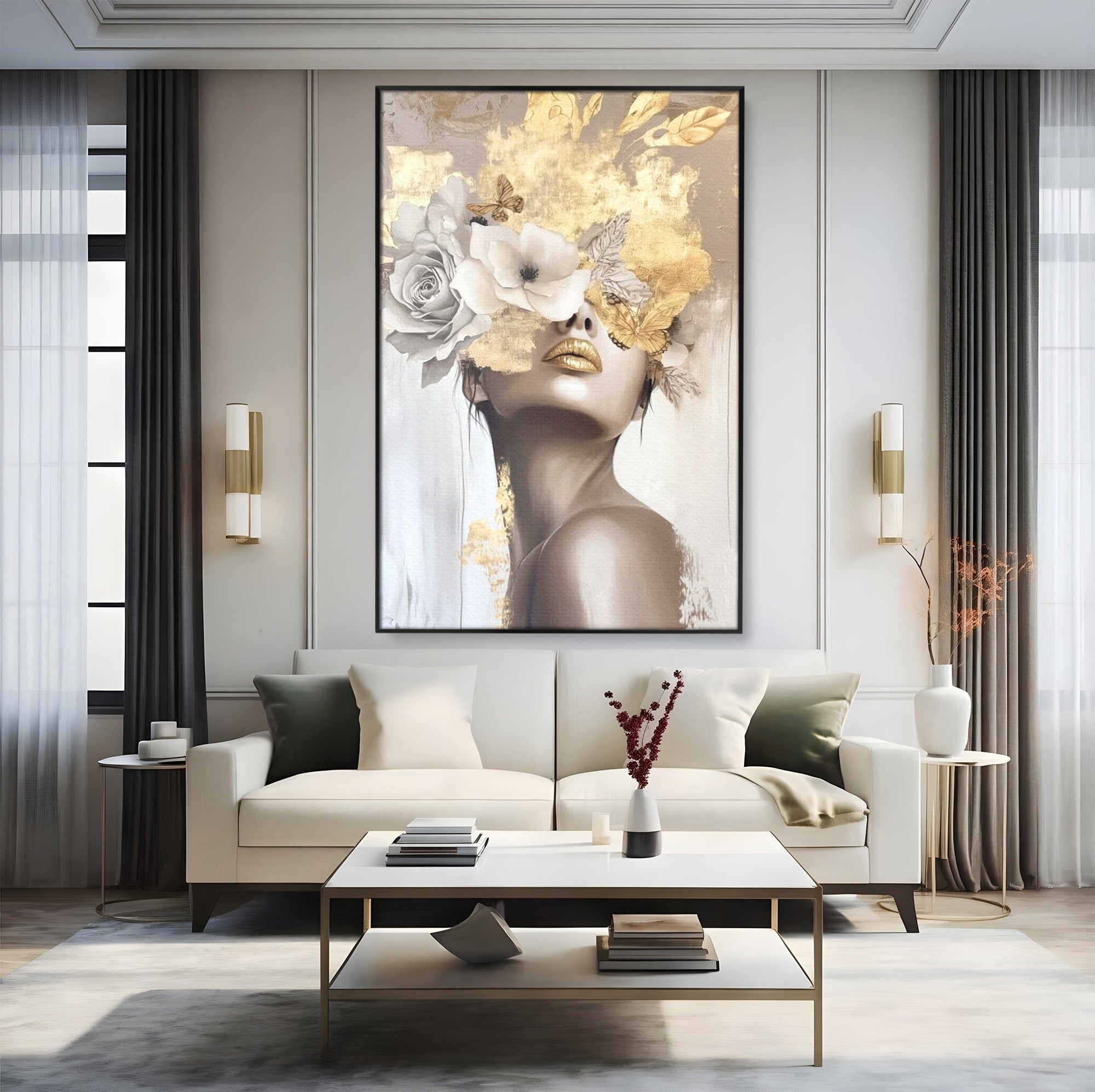 Tablou Canvas Premium LuxCanva® PI1341, Misterul Florilor Aurii, Portret, Femeie, Fotomodel, Gold, Culori Vibrante, Living, Dormitor
