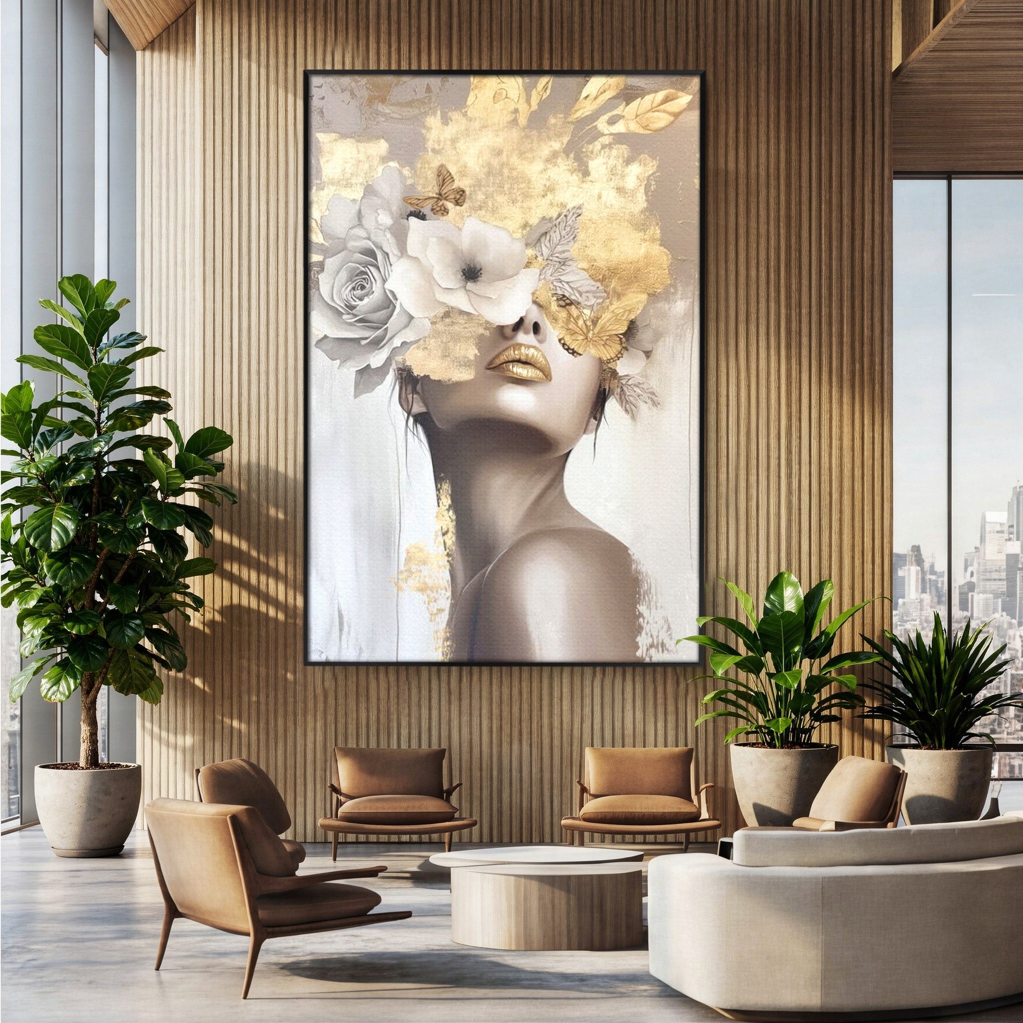 Tablou Canvas Premium LuxCanva® PI1341, Misterul Florilor Aurii, Portret, Femeie, Fotomodel, Gold, Culori Vibrante, Living, Dormitor