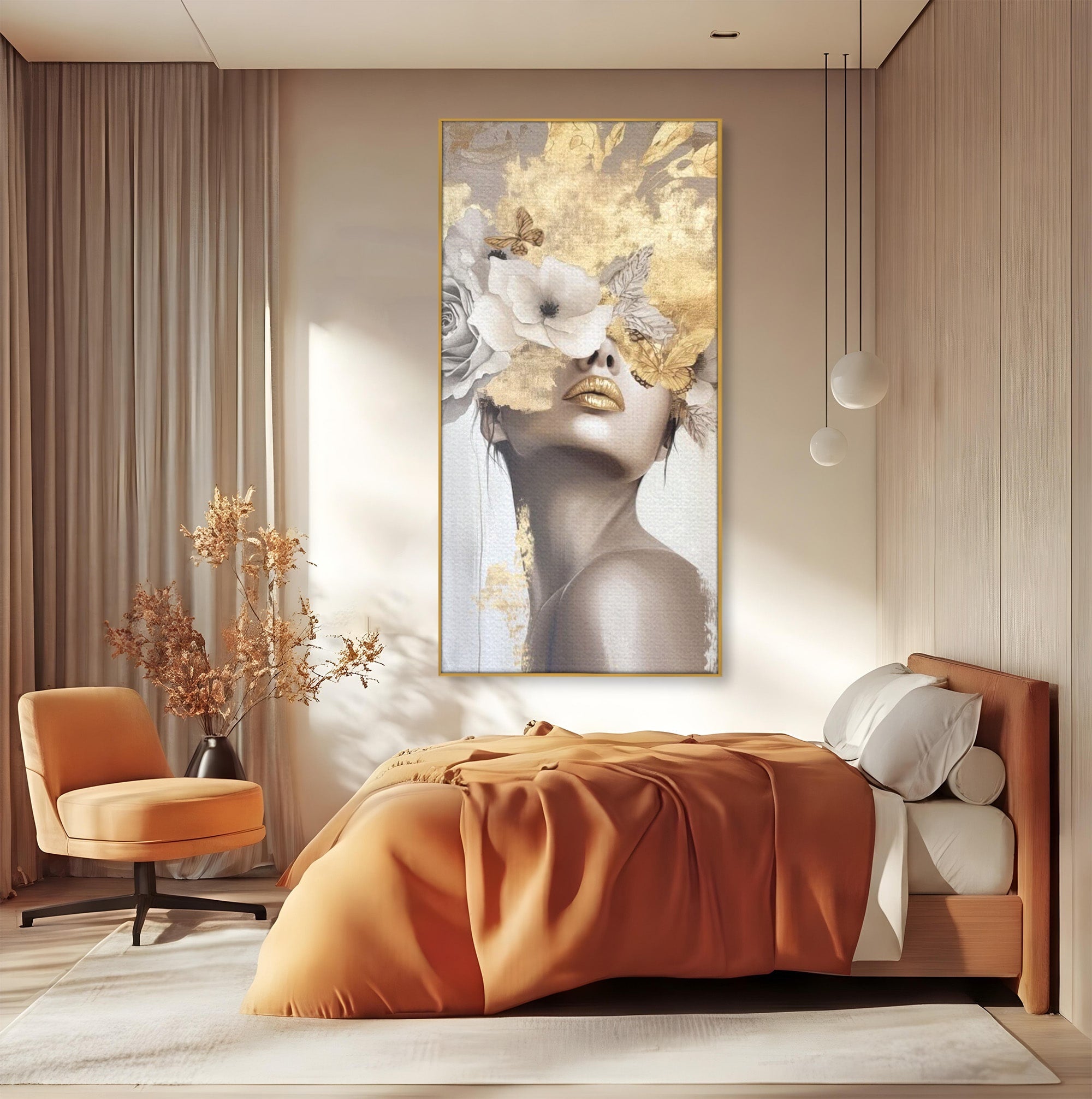 Tablou Canvas Premium LuxCanva® PI1341, Misterul Florilor Aurii, Portret, Femeie, Fotomodel, Gold, Culori Vibrante, Living, Dormitor