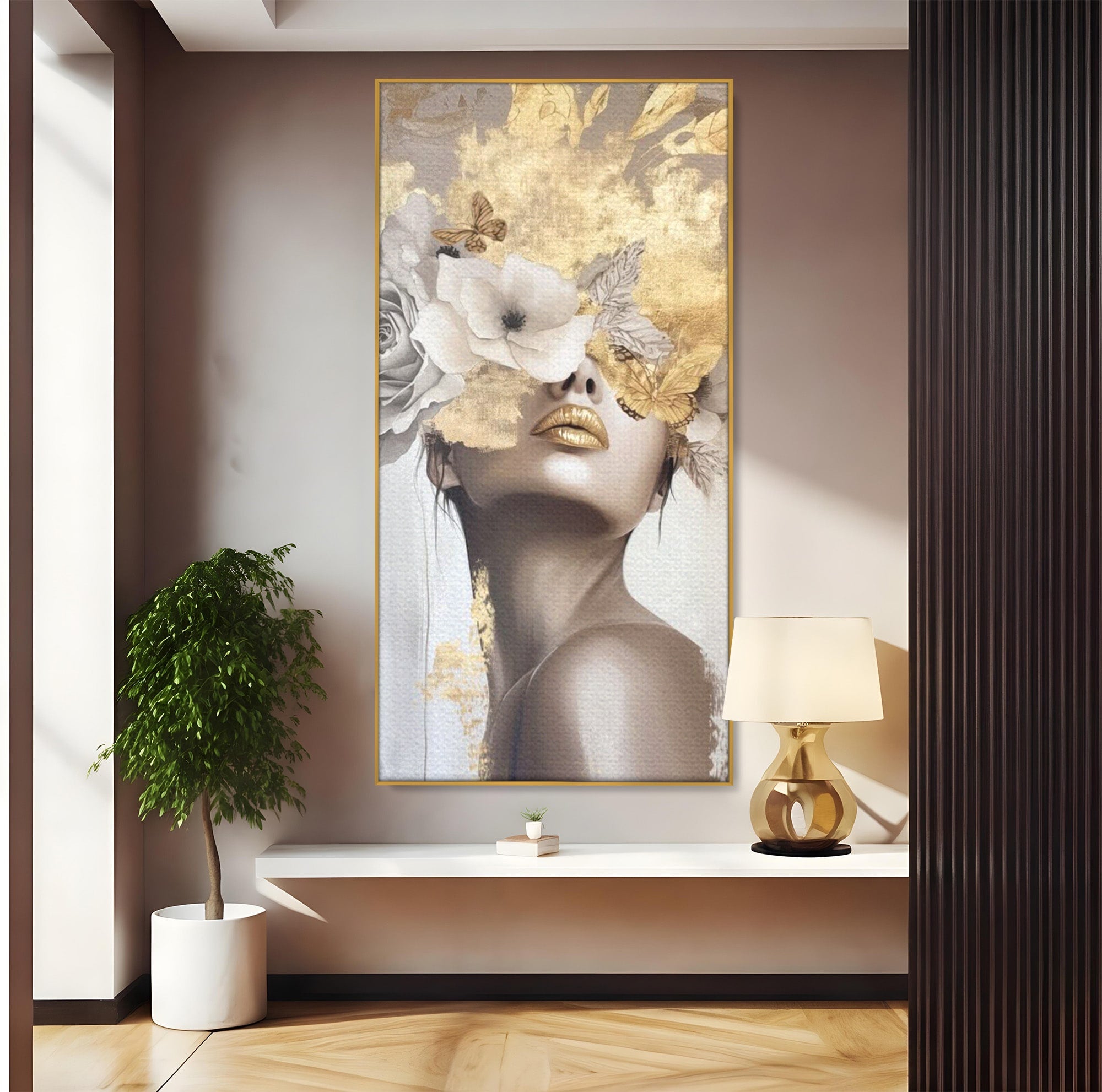 Tablou Canvas Premium LuxCanva® PI1341, Misterul Florilor Aurii, Portret, Femeie, Fotomodel, Gold, Culori Vibrante, Living, Dormitor