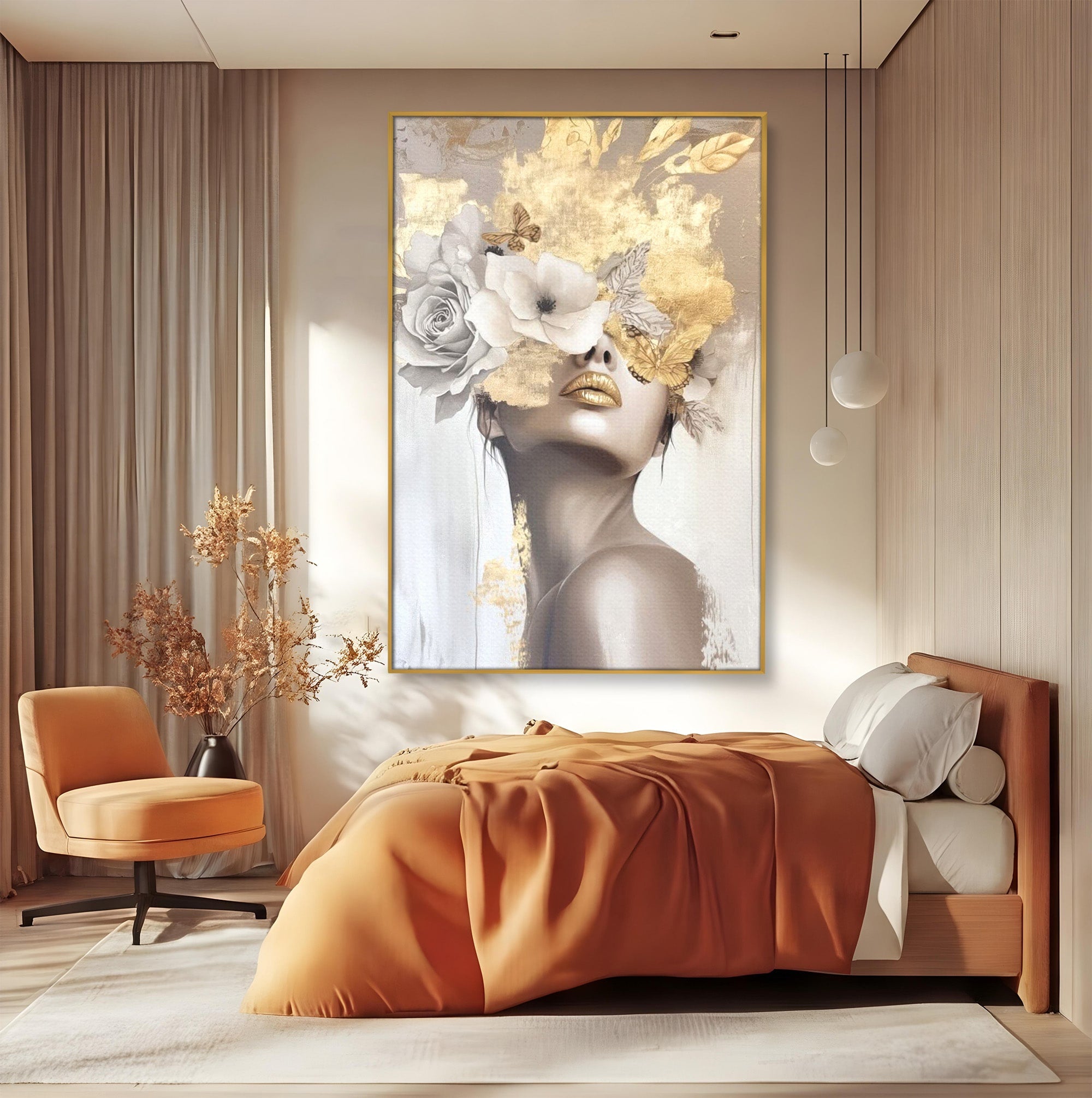 Tablou Canvas Premium LuxCanva® PI1341, Misterul Florilor Aurii, Portret, Femeie, Fotomodel, Gold, Culori Vibrante, Living, Dormitor