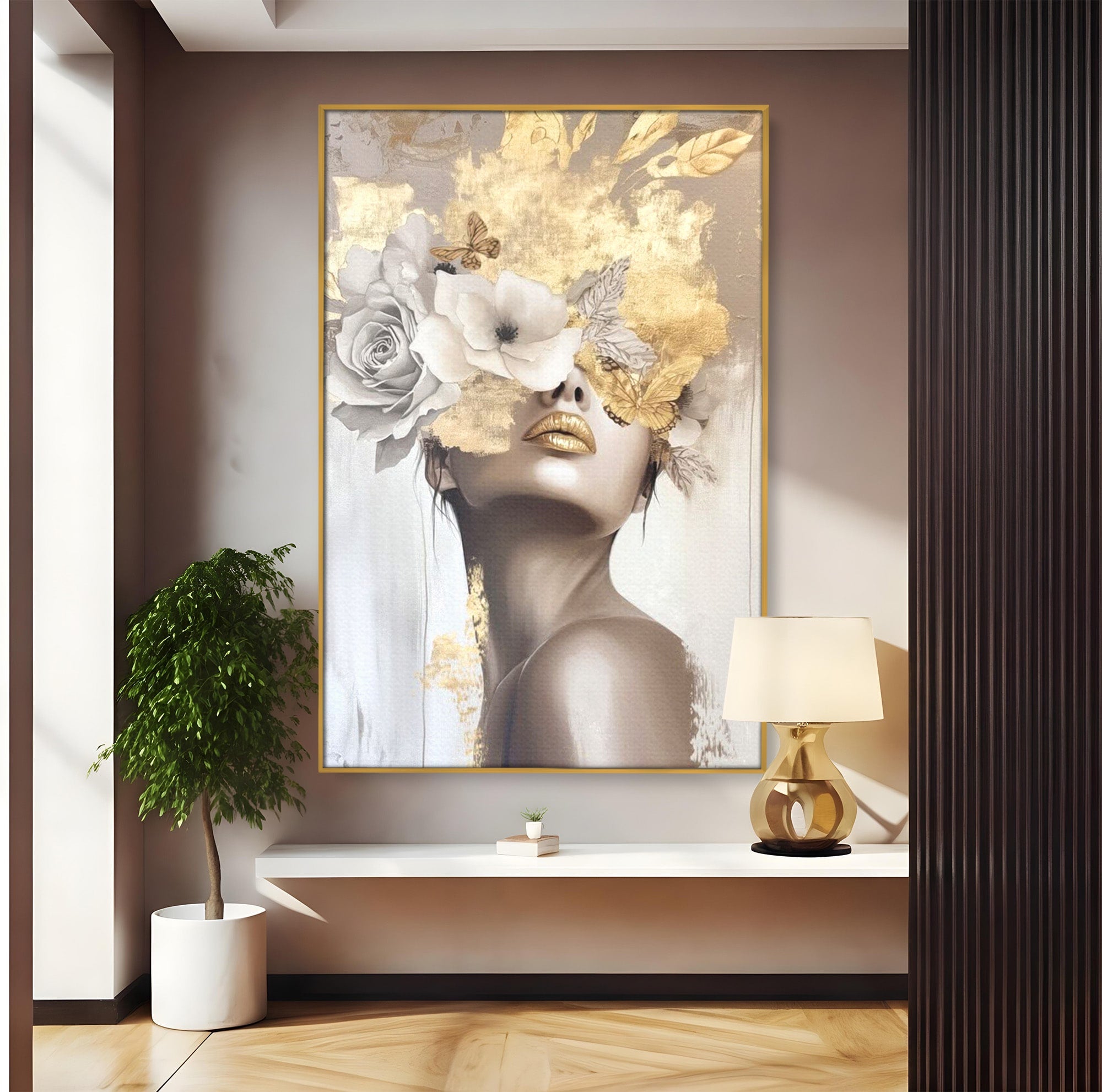 Tablou Canvas Premium LuxCanva® PI1341, Misterul Florilor Aurii, Portret, Femeie, Fotomodel, Gold, Culori Vibrante, Living, Dormitor