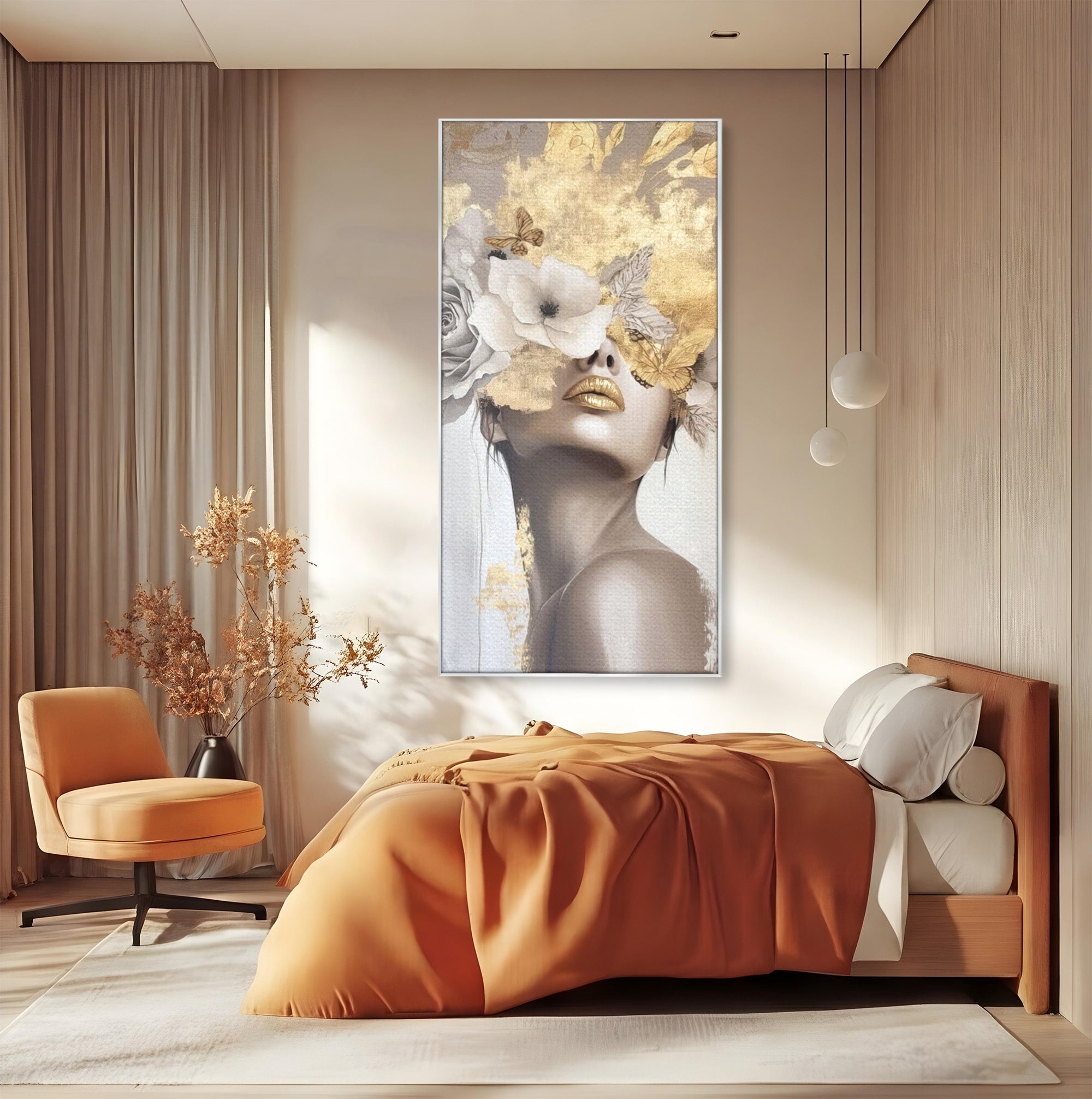 Tablou Canvas Premium LuxCanva® PI1341, Misterul Florilor Aurii, Portret, Femeie, Fotomodel, Gold, Culori Vibrante, Living, Dormitor