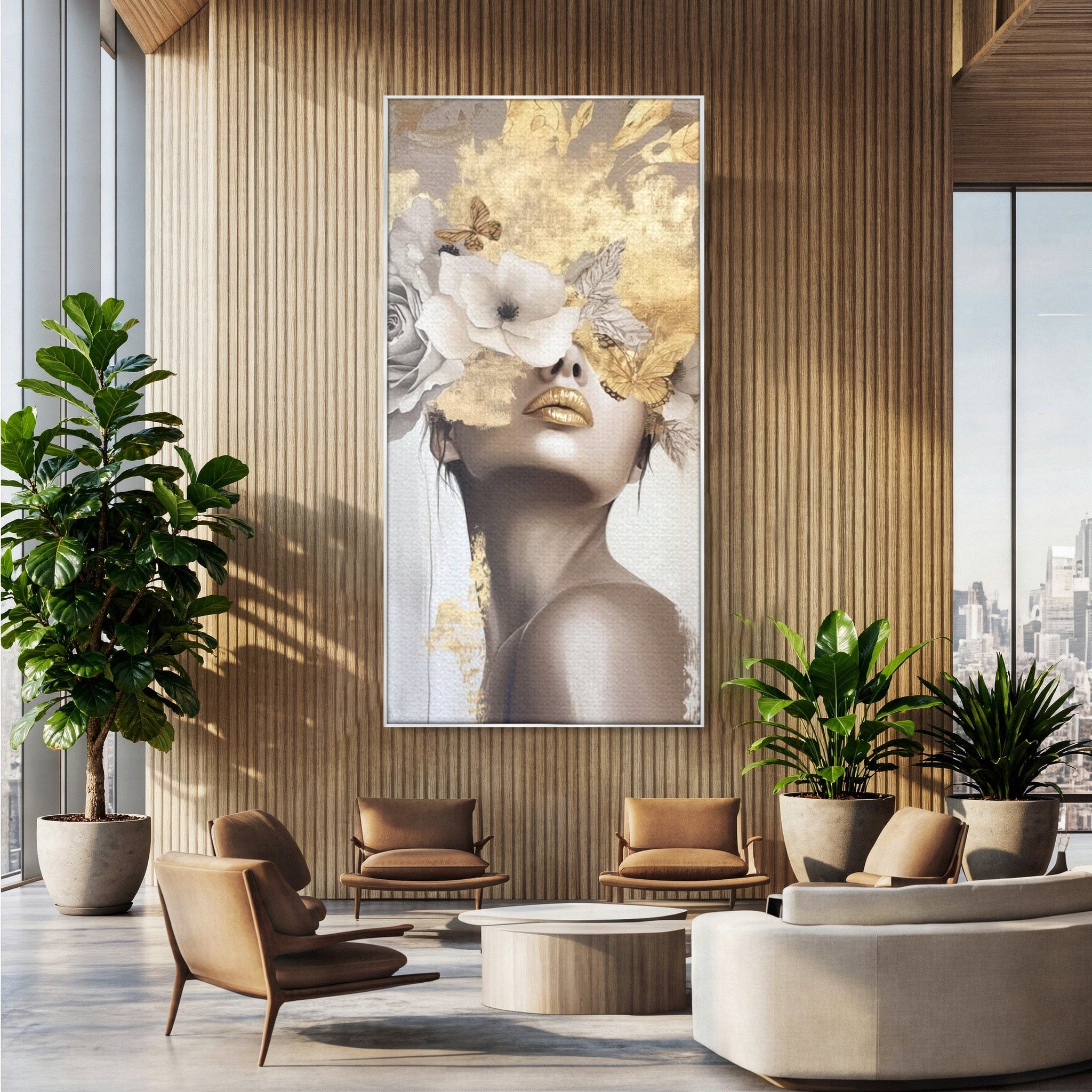 Tablou Canvas Premium LuxCanva® PI1341, Misterul Florilor Aurii, Portret, Femeie, Fotomodel, Gold, Culori Vibrante, Living, Dormitor