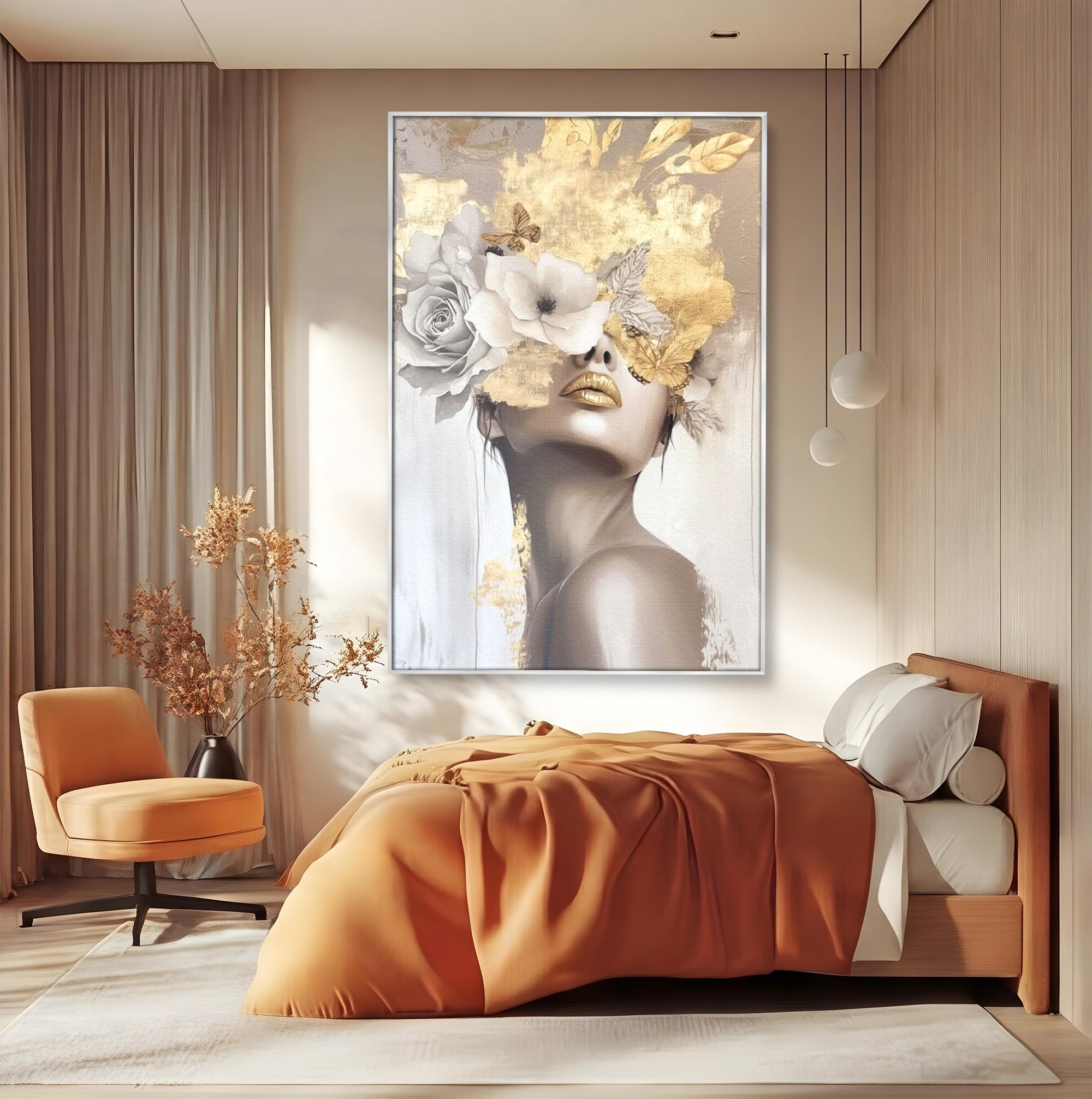 Tablou Canvas Premium LuxCanva® PI1341, Misterul Florilor Aurii, Portret, Femeie, Fotomodel, Gold, Culori Vibrante, Living, Dormitor