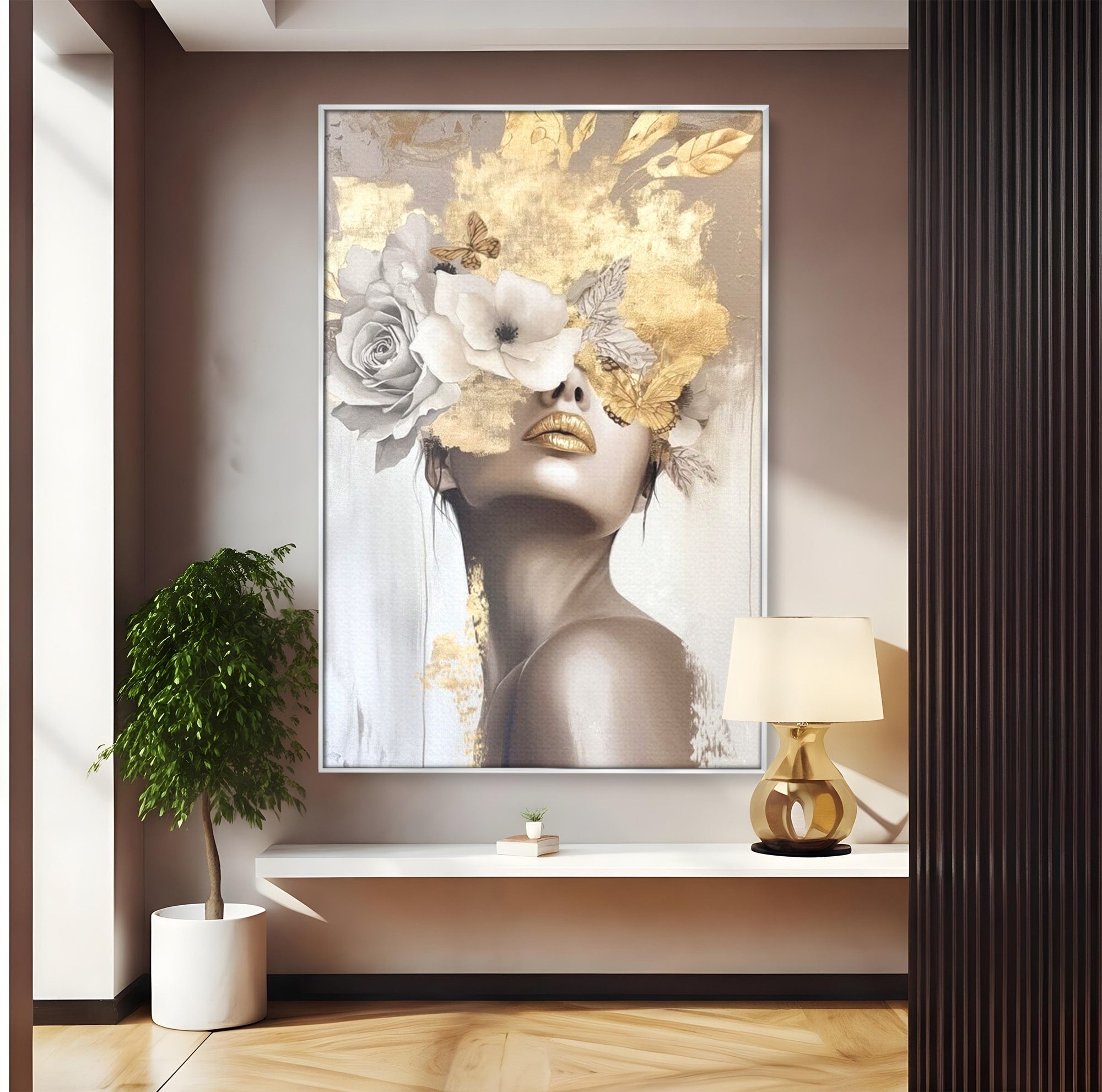 Tablou Canvas Premium LuxCanva® PI1341, Misterul Florilor Aurii, Portret, Femeie, Fotomodel, Gold, Culori Vibrante, Living, Dormitor