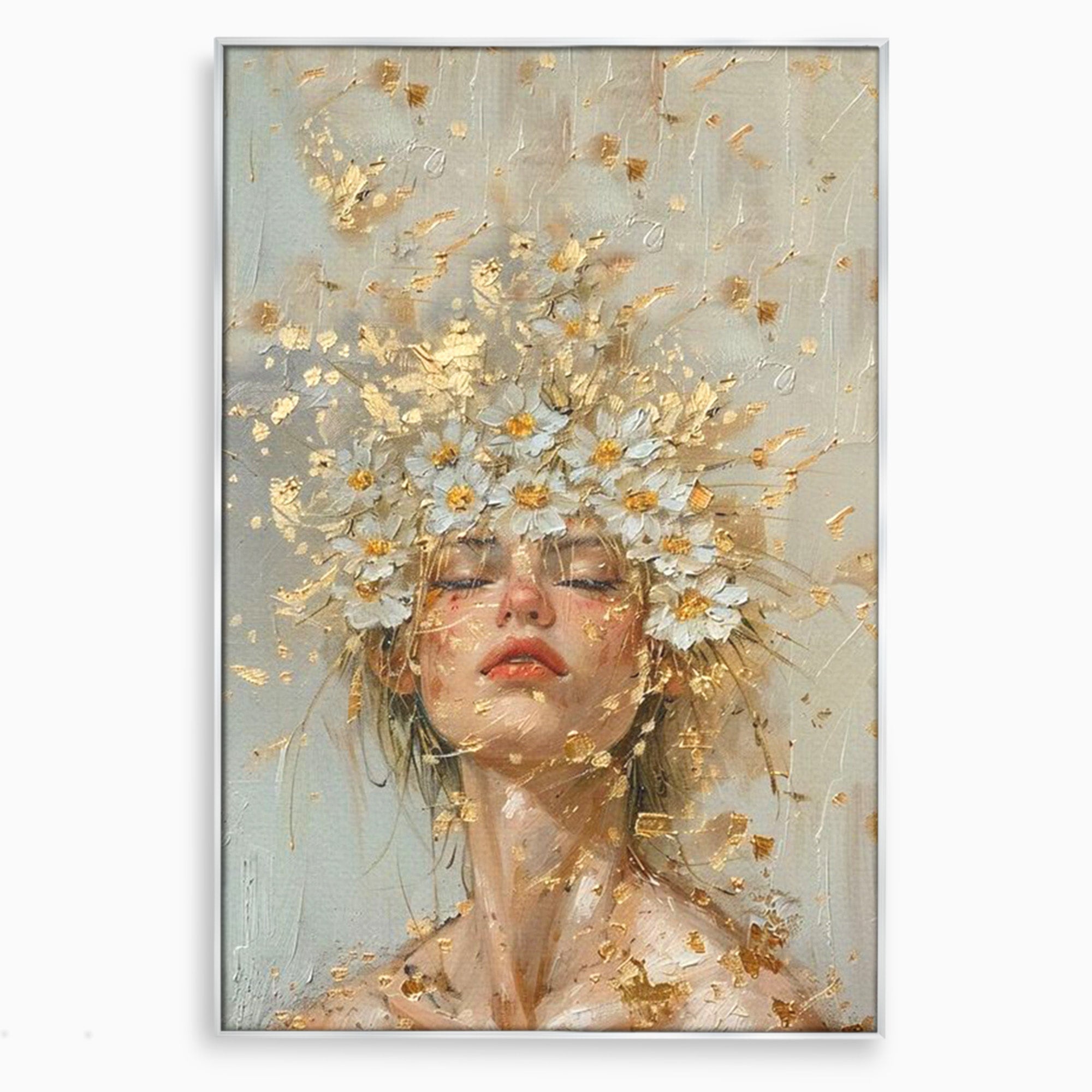 Tablou Canvas Premium LuxCanva® PI1342, Coroana de Flori, Femeie, Flori, Portret, Eleganta, Culori Vibrante, Living, Dormitor