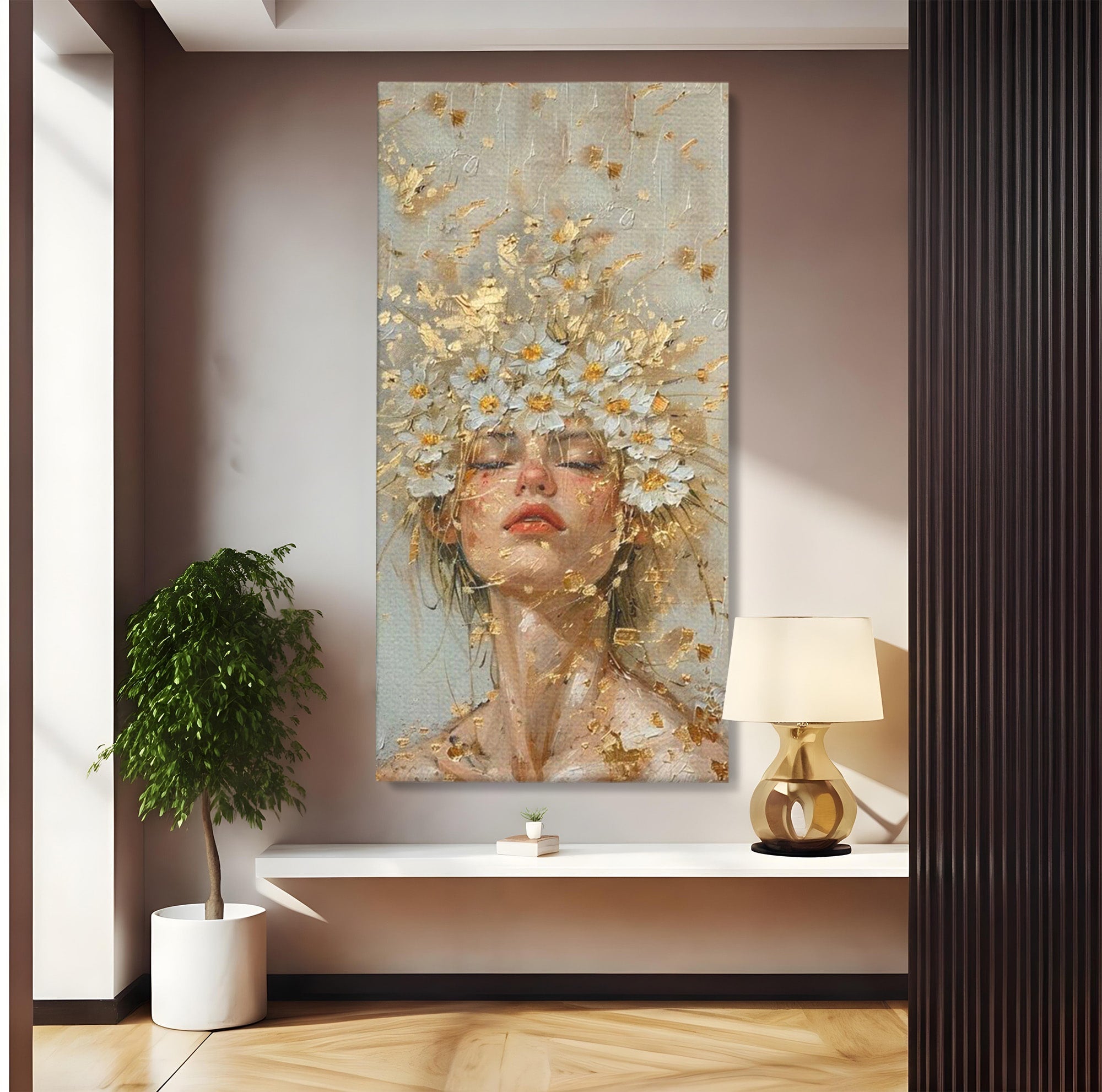Tablou Canvas Premium LuxCanva® PI1342, Coroana de Flori, Femeie, Flori, Portret, Eleganta, Culori Vibrante, Living, Dormitor