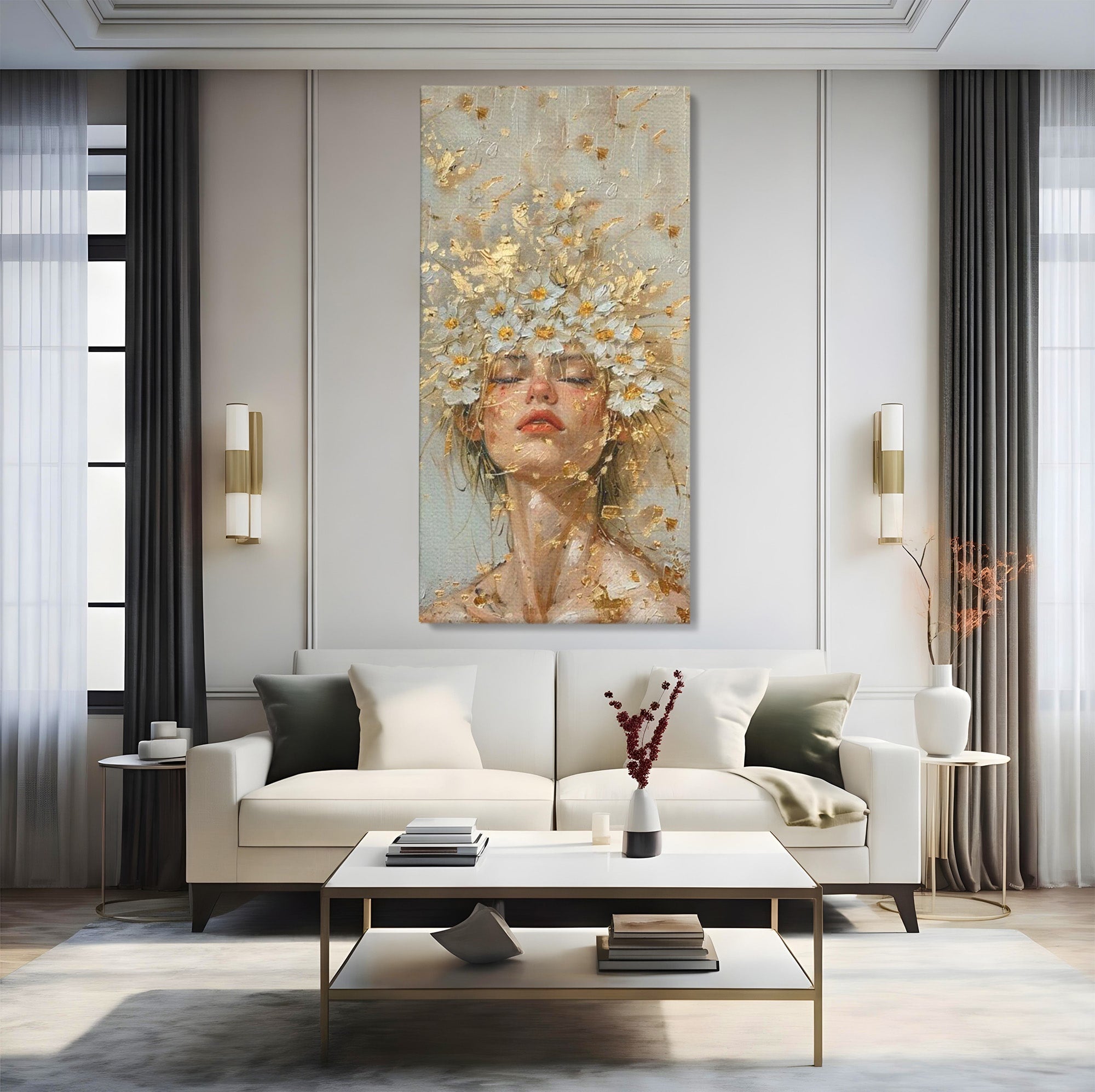 Tablou Canvas Premium LuxCanva® PI1342, Coroana de Flori, Femeie, Flori, Portret, Eleganta, Culori Vibrante, Living, Dormitor
