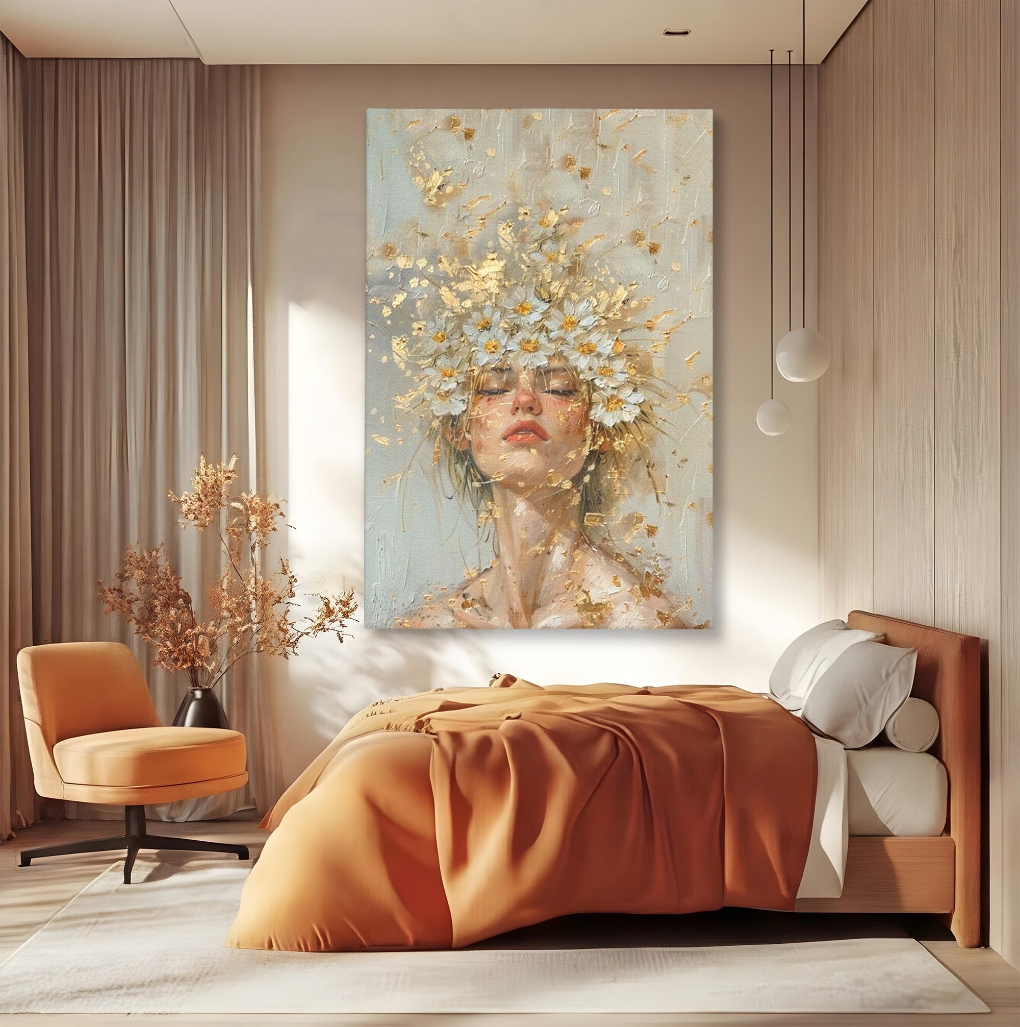 Tablou Canvas Premium LuxCanva® PI1342, Coroana de Flori, Femeie, Flori, Portret, Eleganta, Culori Vibrante, Living, Dormitor