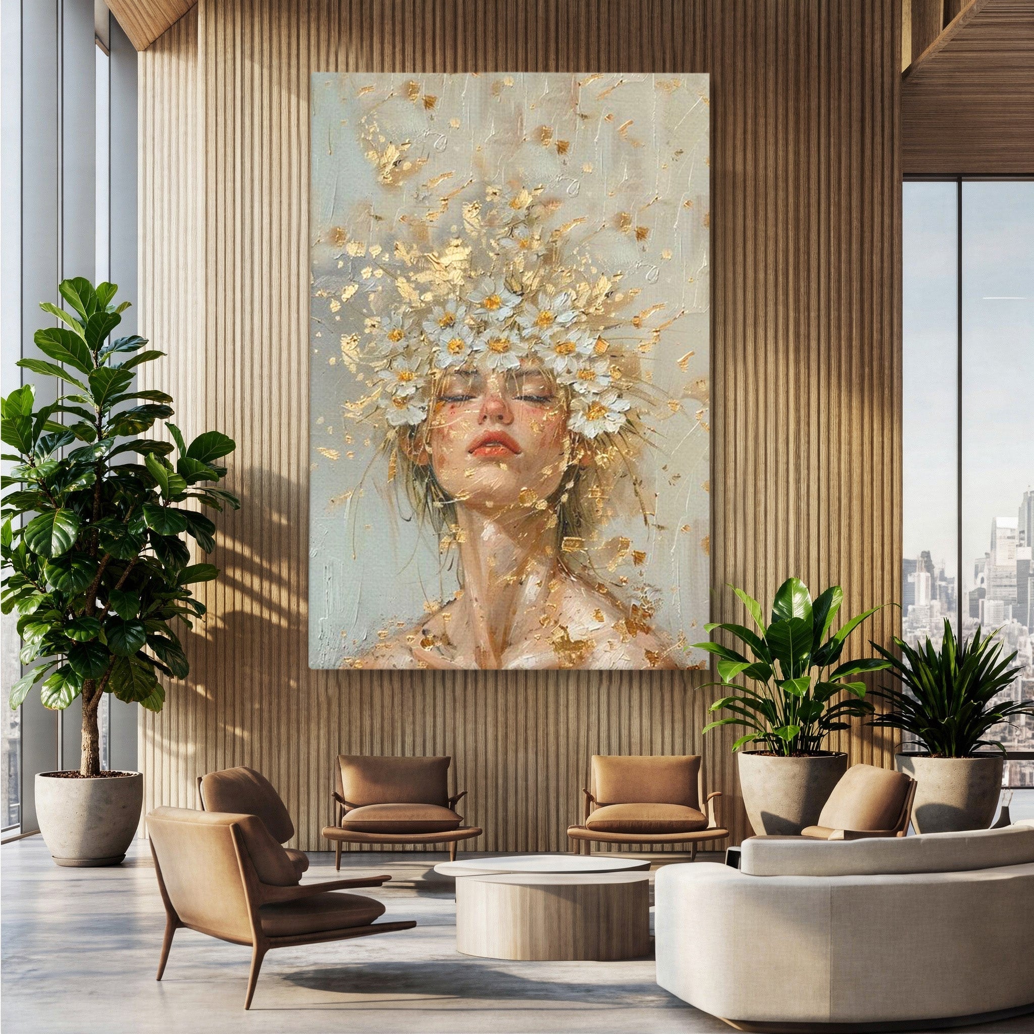 Tablou Canvas Premium LuxCanva® PI1342, Coroana de Flori, Femeie, Flori, Portret, Eleganta, Culori Vibrante, Living, Dormitor