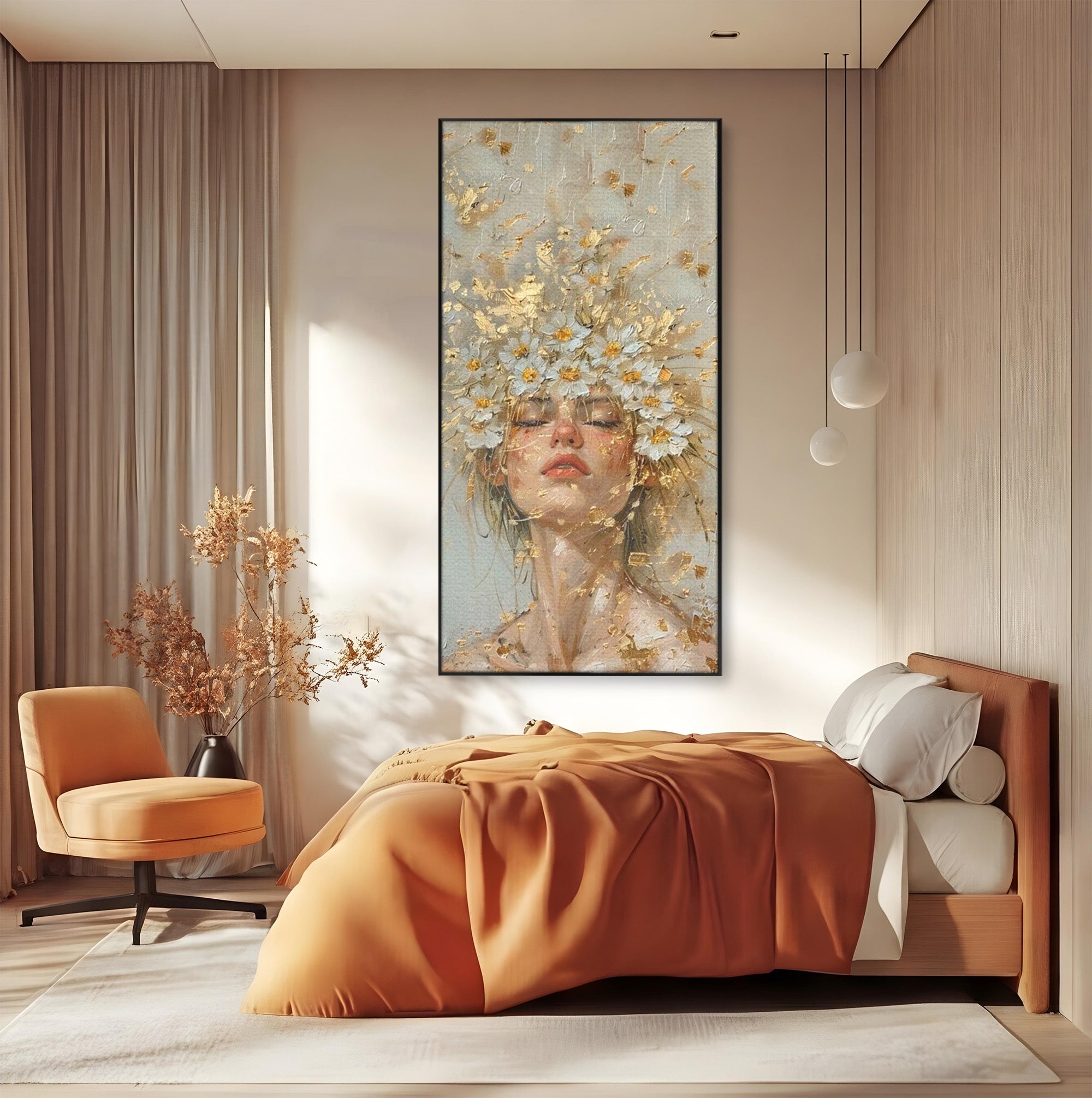 Tablou Canvas Premium LuxCanva® PI1342, Coroana de Flori, Femeie, Flori, Portret, Eleganta, Culori Vibrante, Living, Dormitor