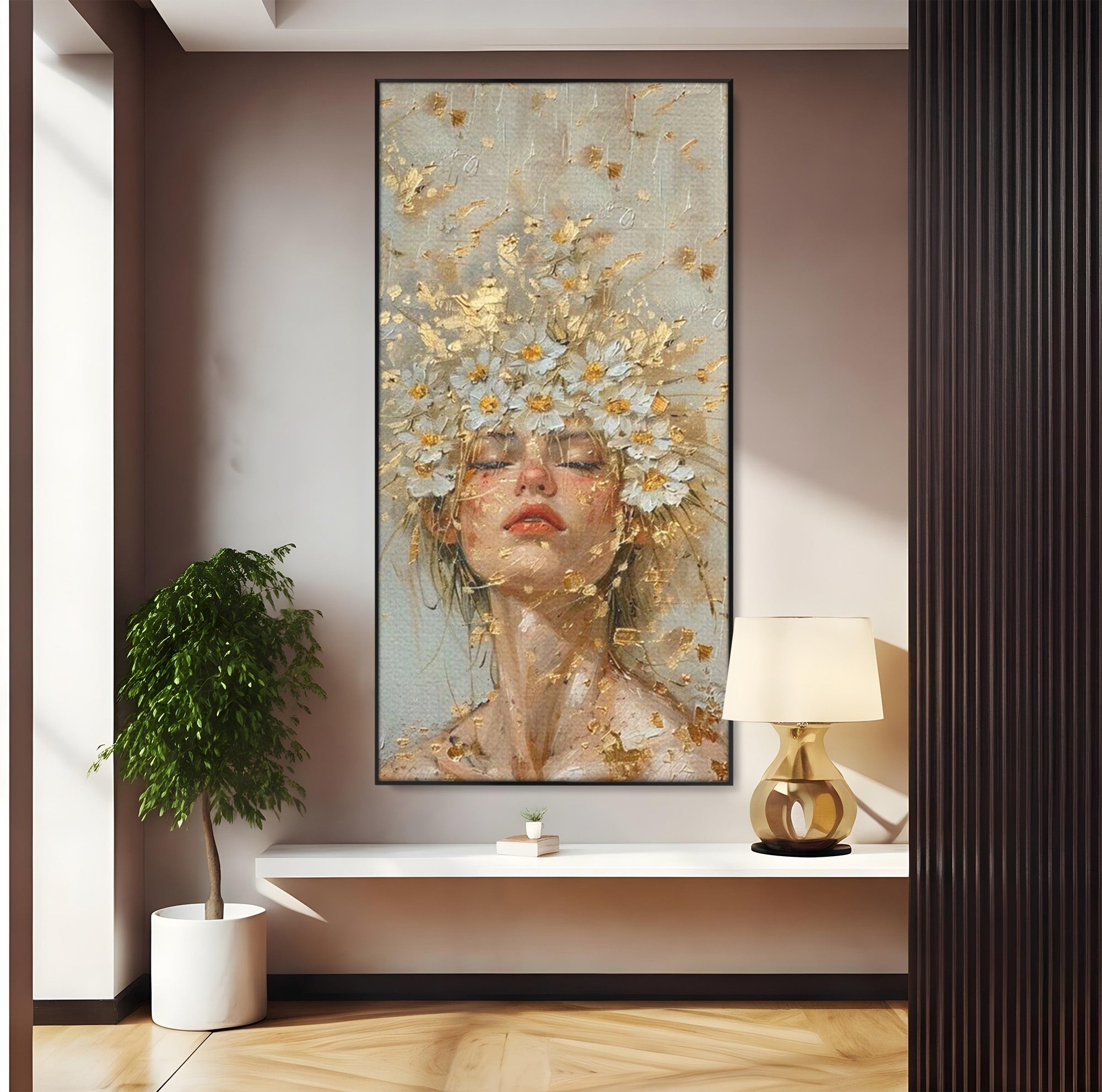 Tablou Canvas Premium LuxCanva® PI1342, Coroana de Flori, Femeie, Flori, Portret, Eleganta, Culori Vibrante, Living, Dormitor