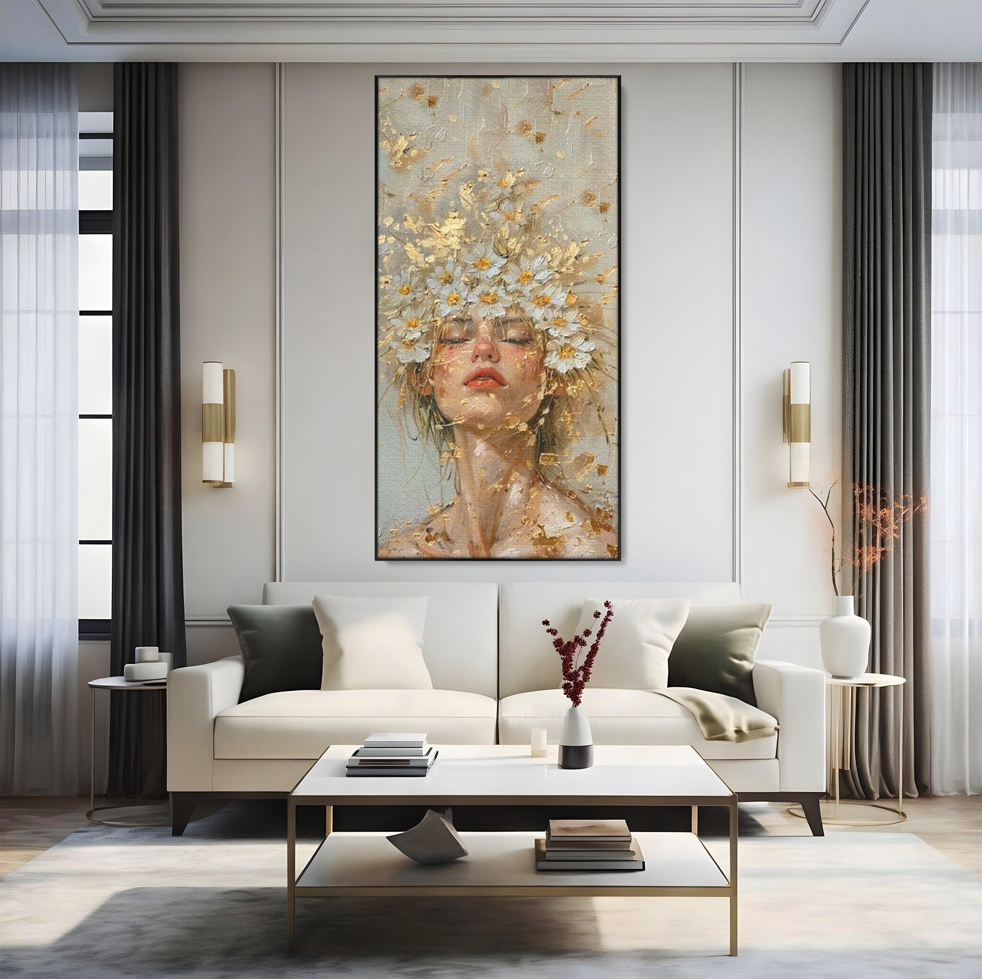 Tablou Canvas Premium LuxCanva® PI1342, Coroana de Flori, Femeie, Flori, Portret, Eleganta, Culori Vibrante, Living, Dormitor