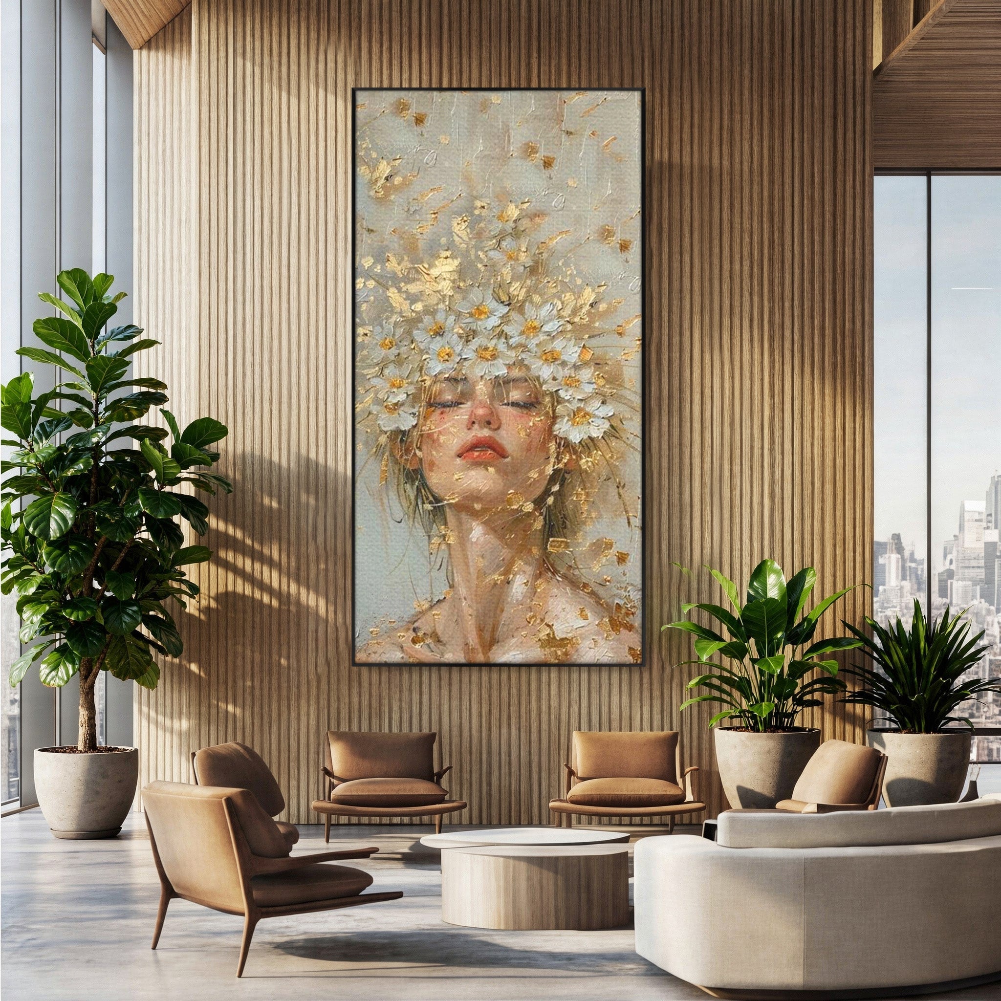 Tablou Canvas Premium LuxCanva® PI1342, Coroana de Flori, Femeie, Flori, Portret, Eleganta, Culori Vibrante, Living, Dormitor