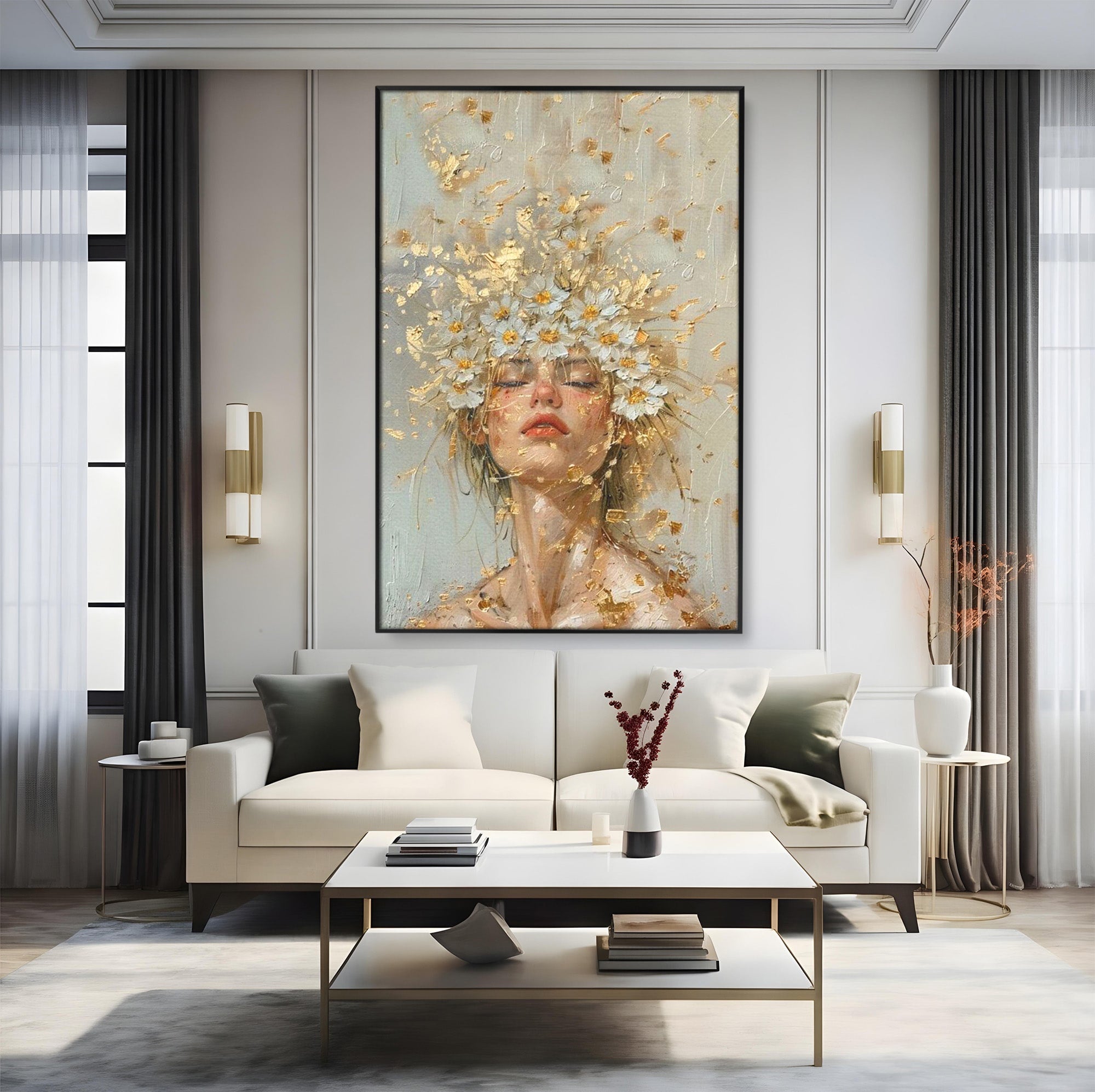 Tablou Canvas Premium LuxCanva® PI1342, Coroana de Flori, Femeie, Flori, Portret, Eleganta, Culori Vibrante, Living, Dormitor