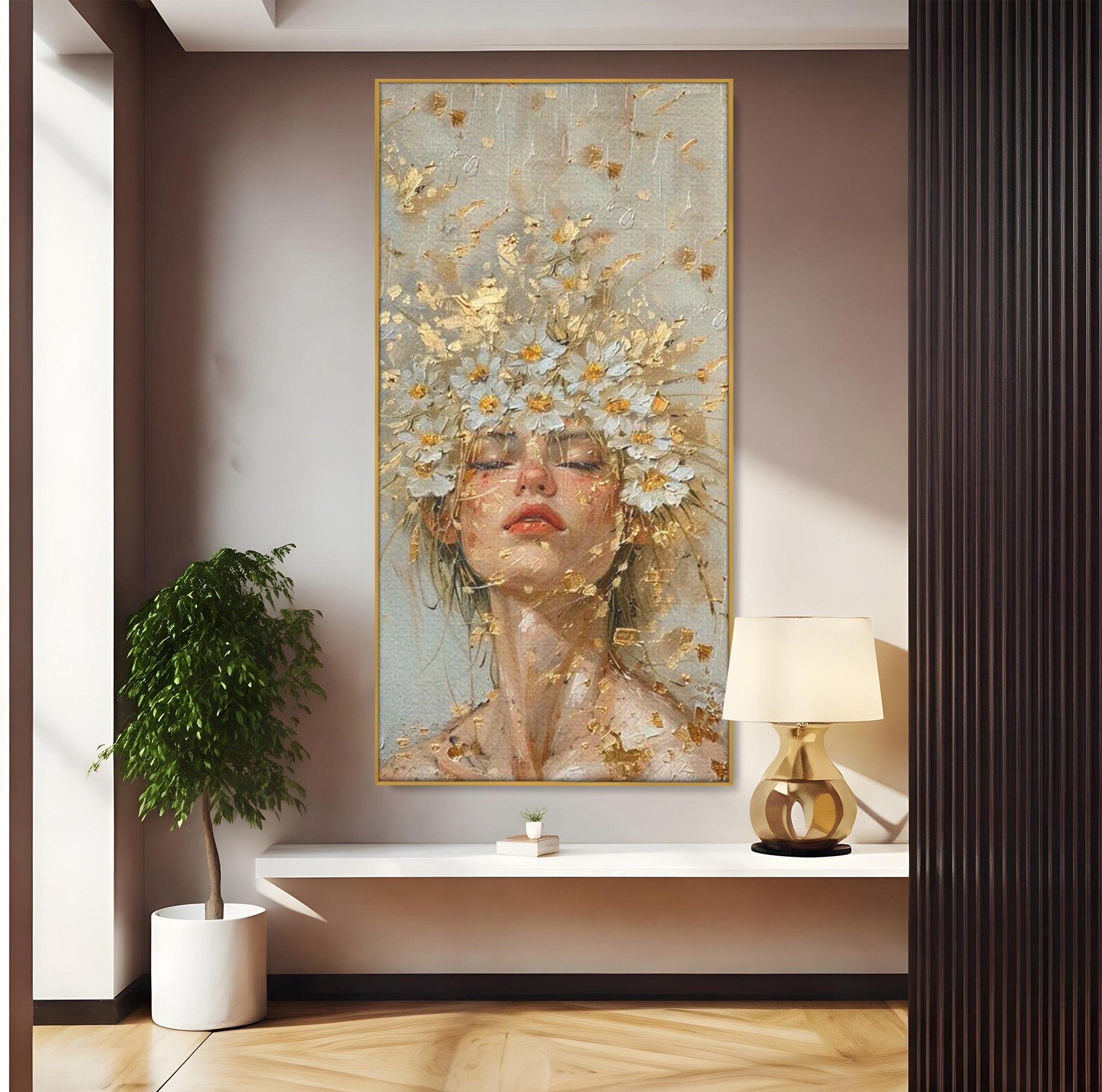 Tablou Canvas Premium LuxCanva® PI1342, Coroana de Flori, Femeie, Flori, Portret, Eleganta, Culori Vibrante, Living, Dormitor