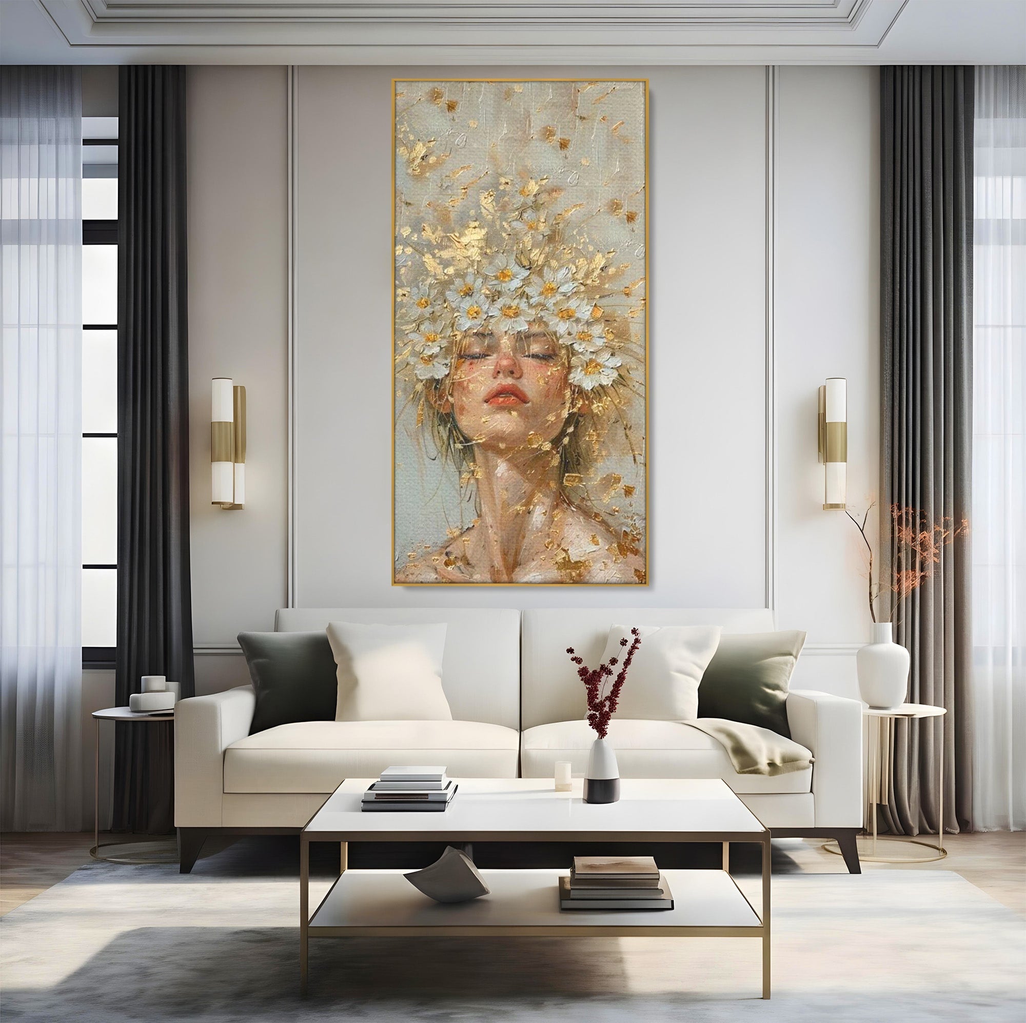 Tablou Canvas Premium LuxCanva® PI1342, Coroana de Flori, Femeie, Flori, Portret, Eleganta, Culori Vibrante, Living, Dormitor