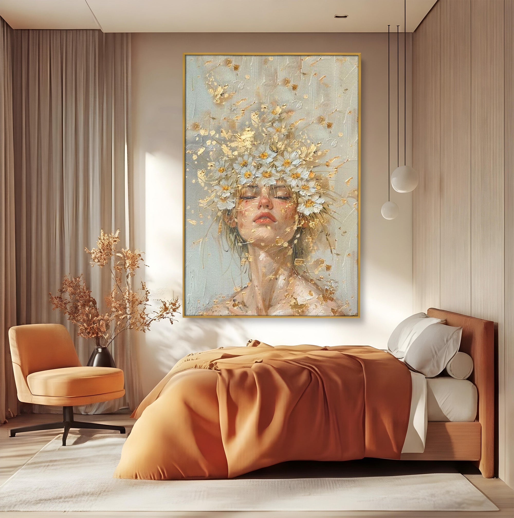 Tablou Canvas Premium LuxCanva® PI1342, Coroana de Flori, Femeie, Flori, Portret, Eleganta, Culori Vibrante, Living, Dormitor