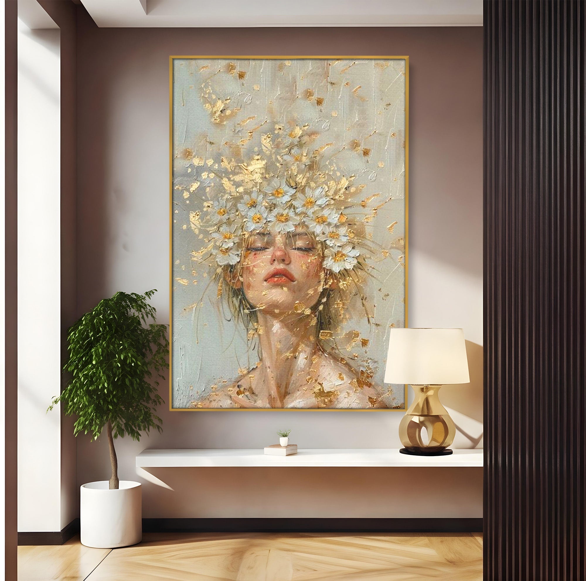 Tablou Canvas Premium LuxCanva® PI1342, Coroana de Flori, Femeie, Flori, Portret, Eleganta, Culori Vibrante, Living, Dormitor