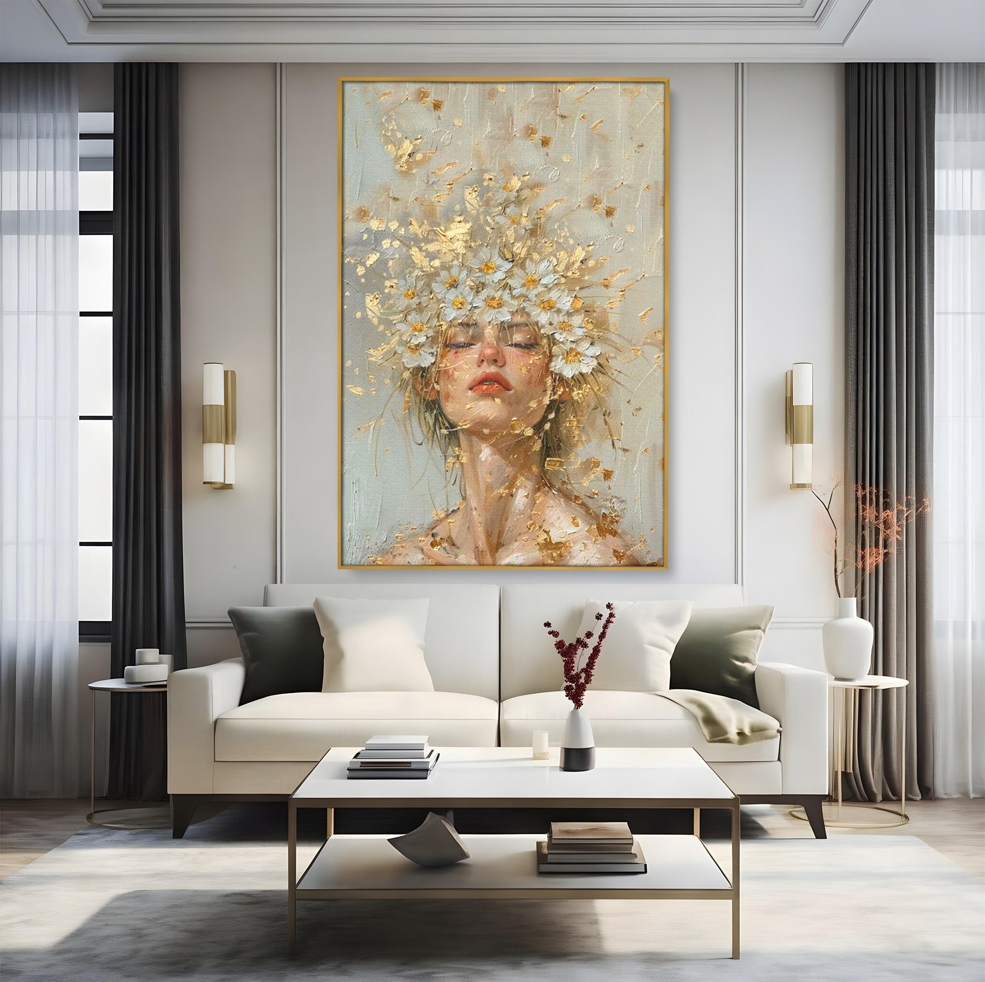 Tablou Canvas Premium LuxCanva® PI1342, Coroana de Flori, Femeie, Flori, Portret, Eleganta, Culori Vibrante, Living, Dormitor