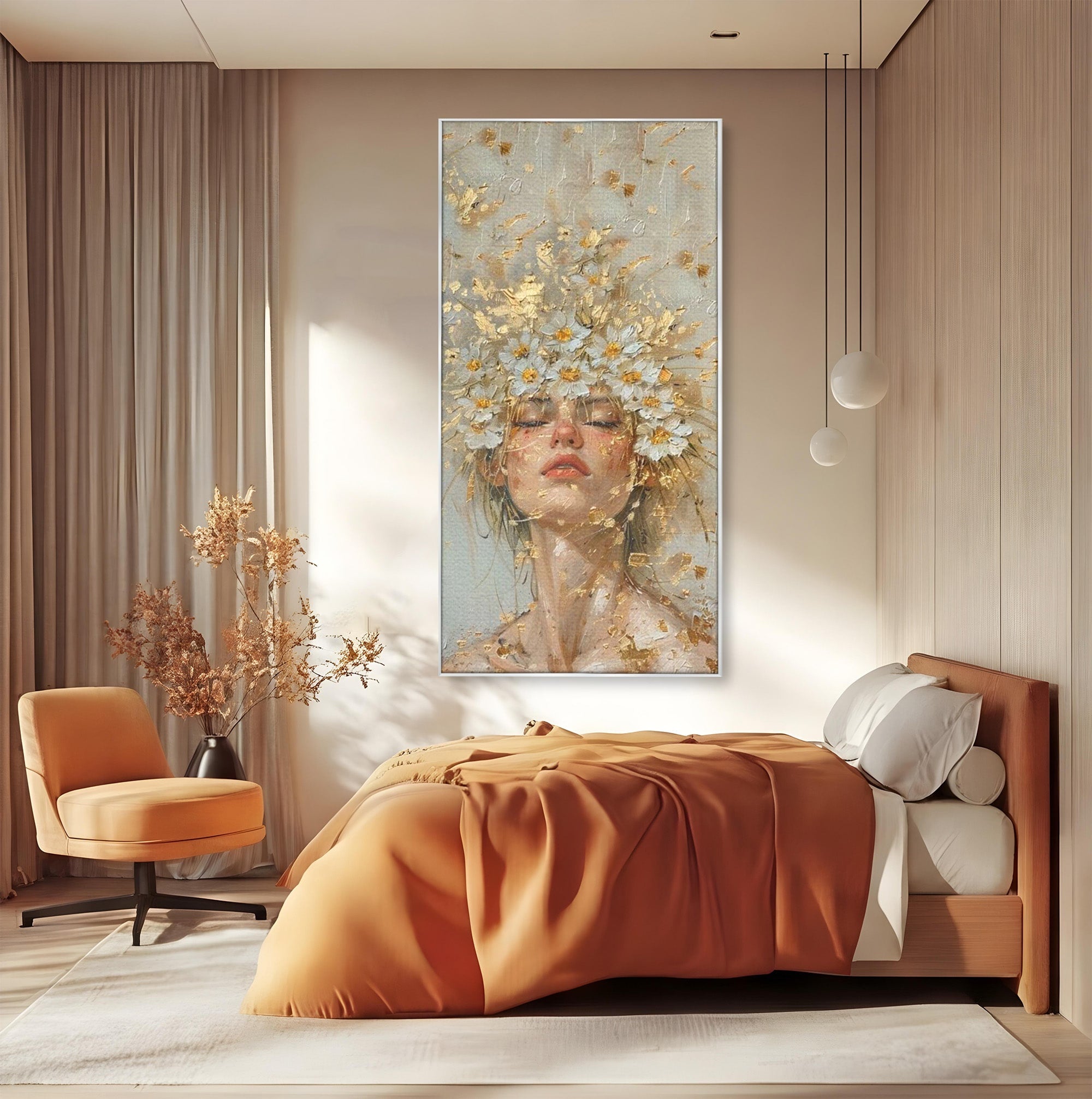 Tablou Canvas Premium LuxCanva® PI1342, Coroana de Flori, Femeie, Flori, Portret, Eleganta, Culori Vibrante, Living, Dormitor