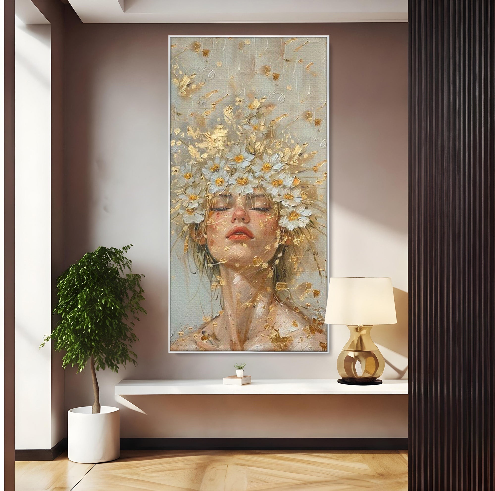 Tablou Canvas Premium LuxCanva® PI1342, Coroana de Flori, Femeie, Flori, Portret, Eleganta, Culori Vibrante, Living, Dormitor