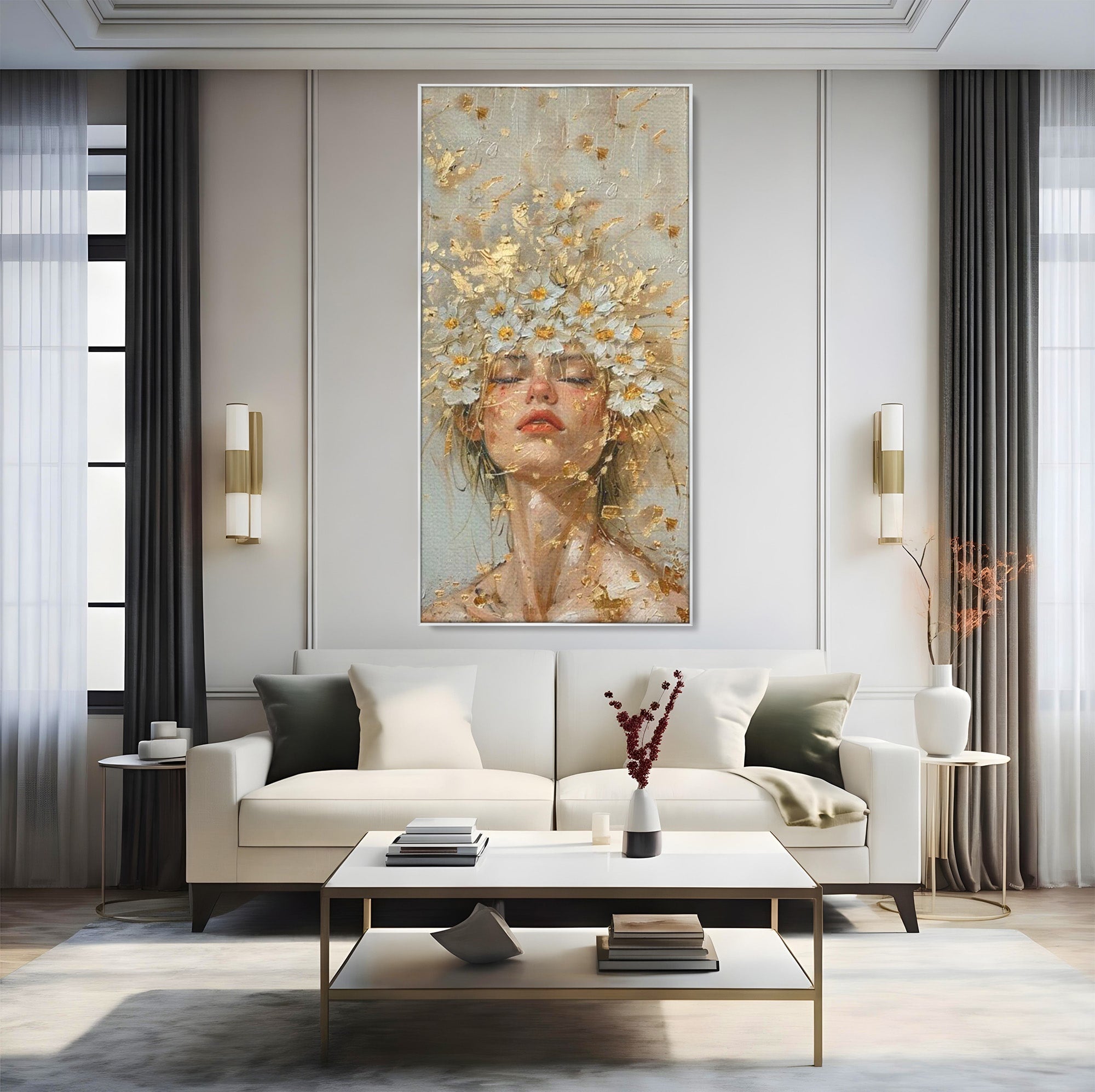 Tablou Canvas Premium LuxCanva® PI1342, Coroana de Flori, Femeie, Flori, Portret, Eleganta, Culori Vibrante, Living, Dormitor