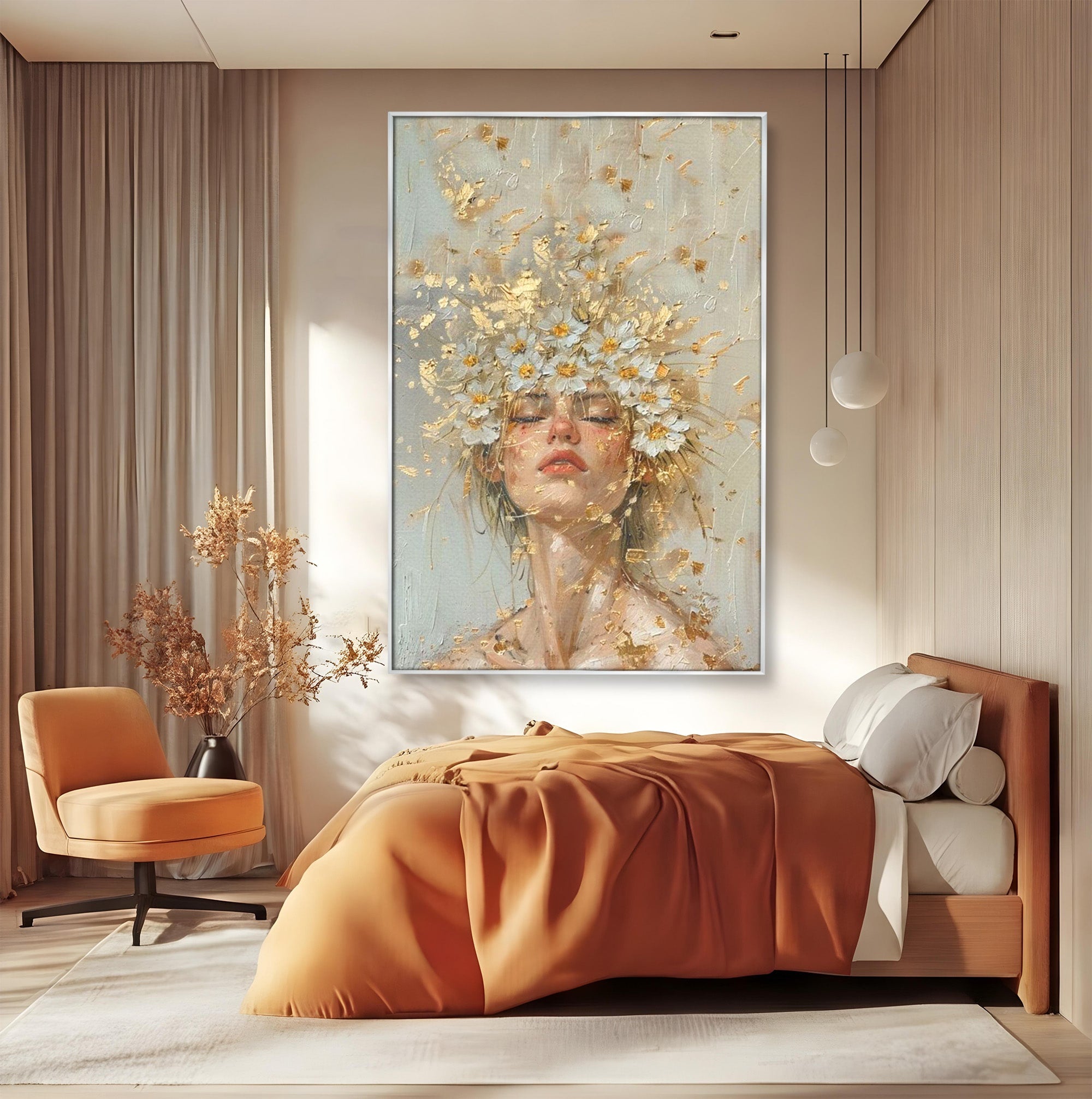 Tablou Canvas Premium LuxCanva® PI1342, Coroana de Flori, Femeie, Flori, Portret, Eleganta, Culori Vibrante, Living, Dormitor