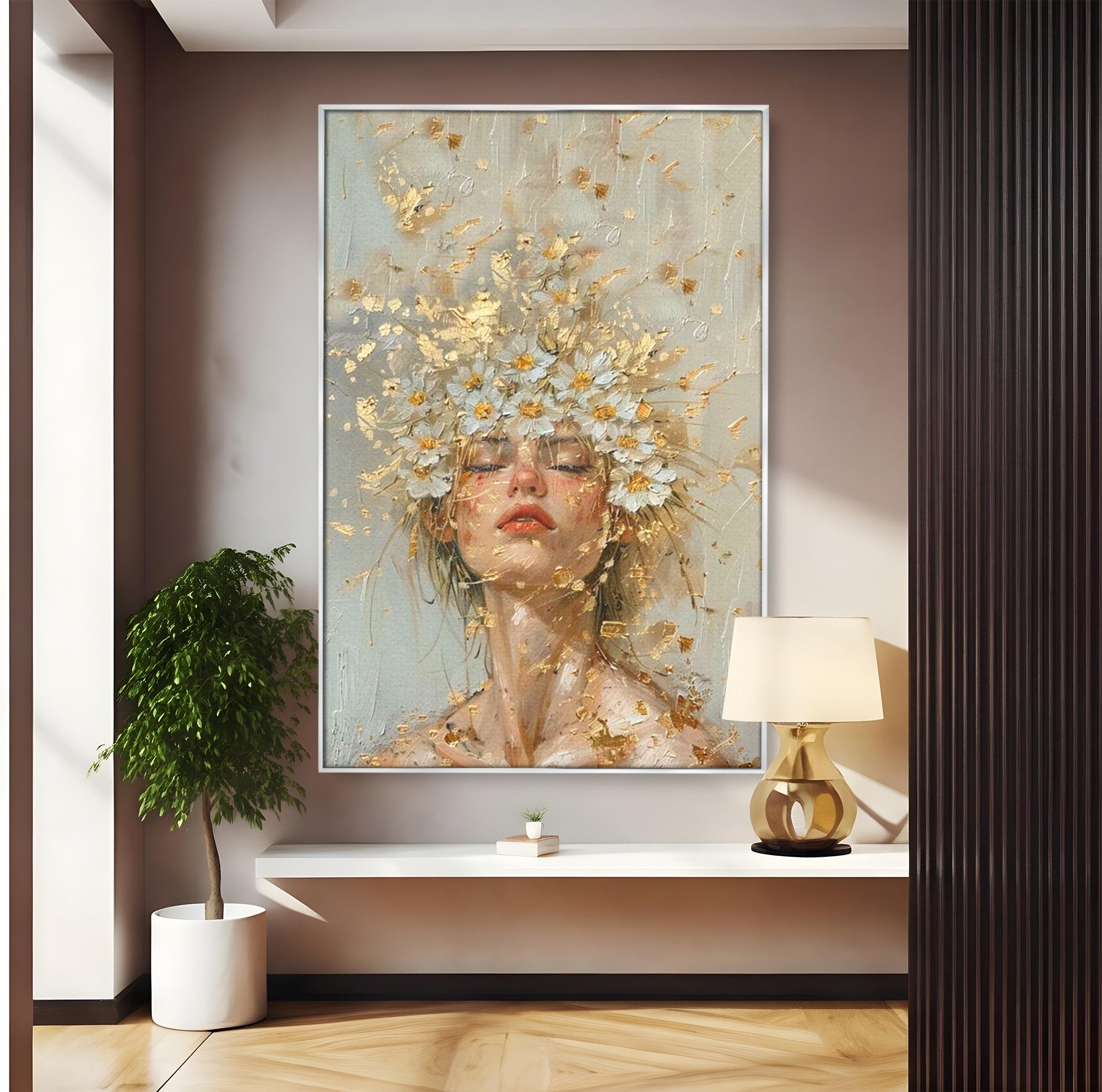 Tablou Canvas Premium LuxCanva® PI1342, Coroana de Flori, Femeie, Flori, Portret, Eleganta, Culori Vibrante, Living, Dormitor