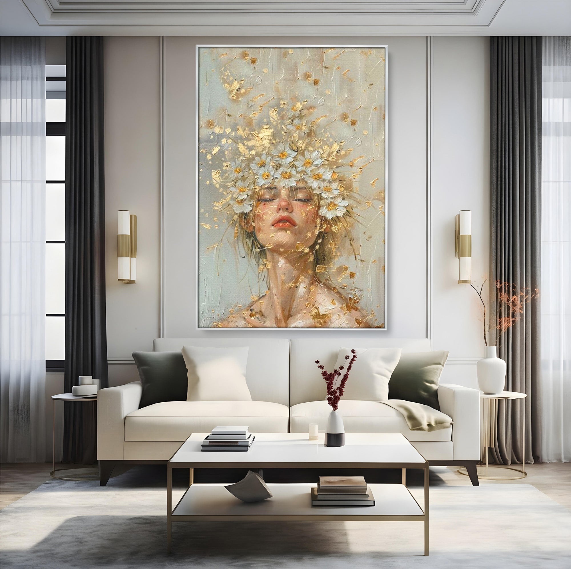 Tablou Canvas Premium LuxCanva® PI1342, Coroana de Flori, Femeie, Flori, Portret, Eleganta, Culori Vibrante, Living, Dormitor